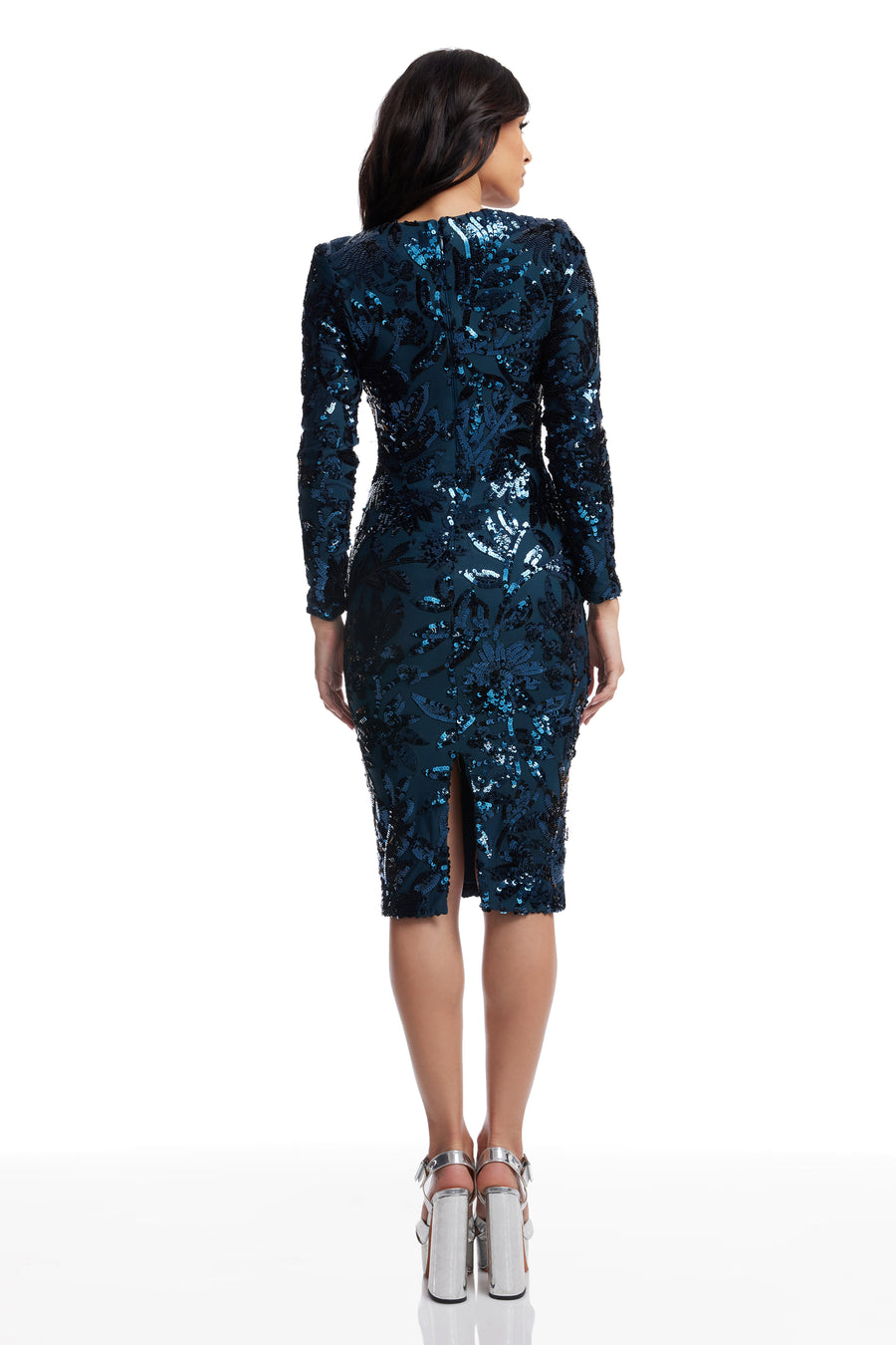 emmalyn sequin long sleeve body-con cocktail dress dress the population Emmalyn Dress, S / Deep Teal