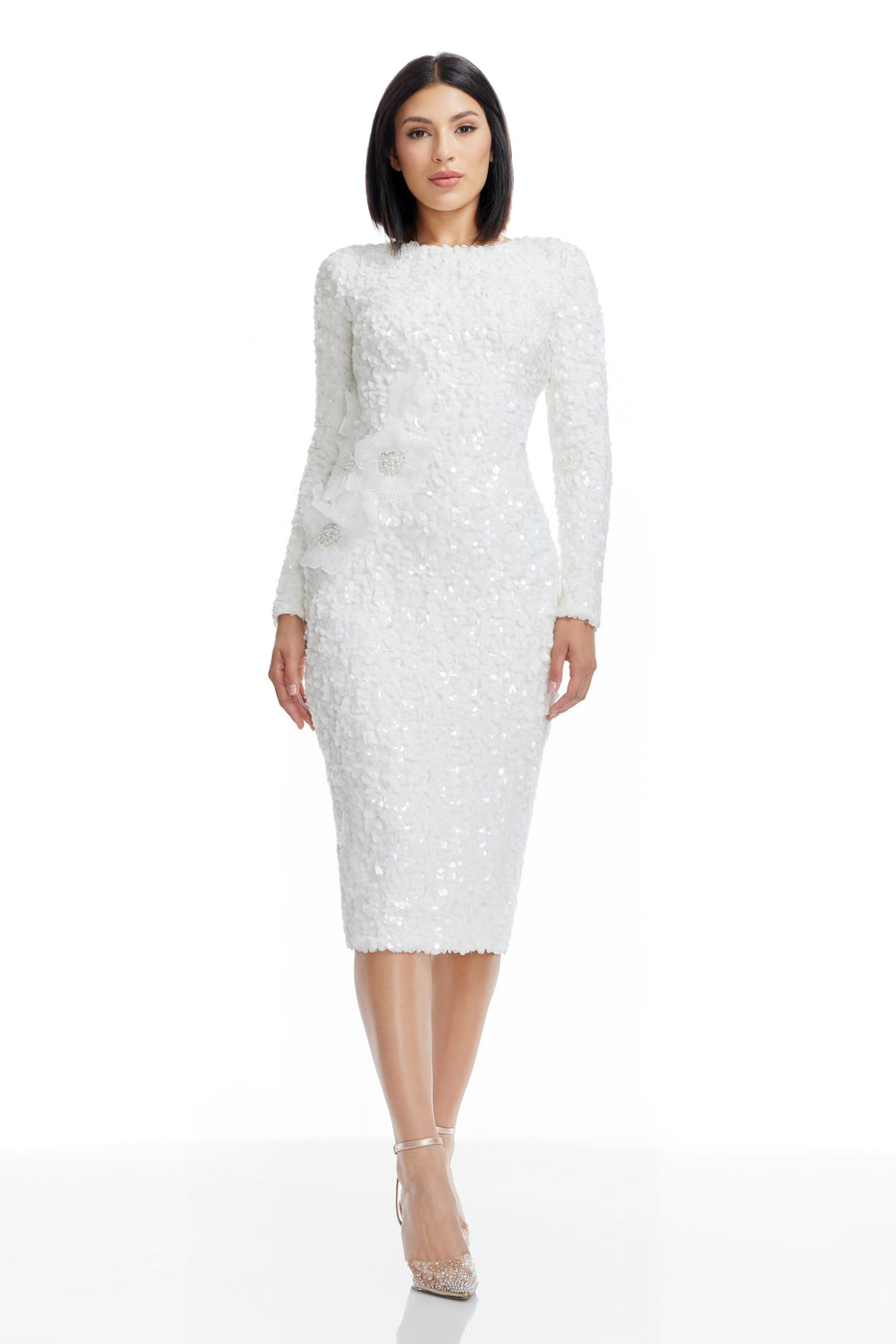 Dress the Population Women's Emmalyn Floral Appliqué & Sequin Long Sleeve Body-Con Cocktail Dress - White