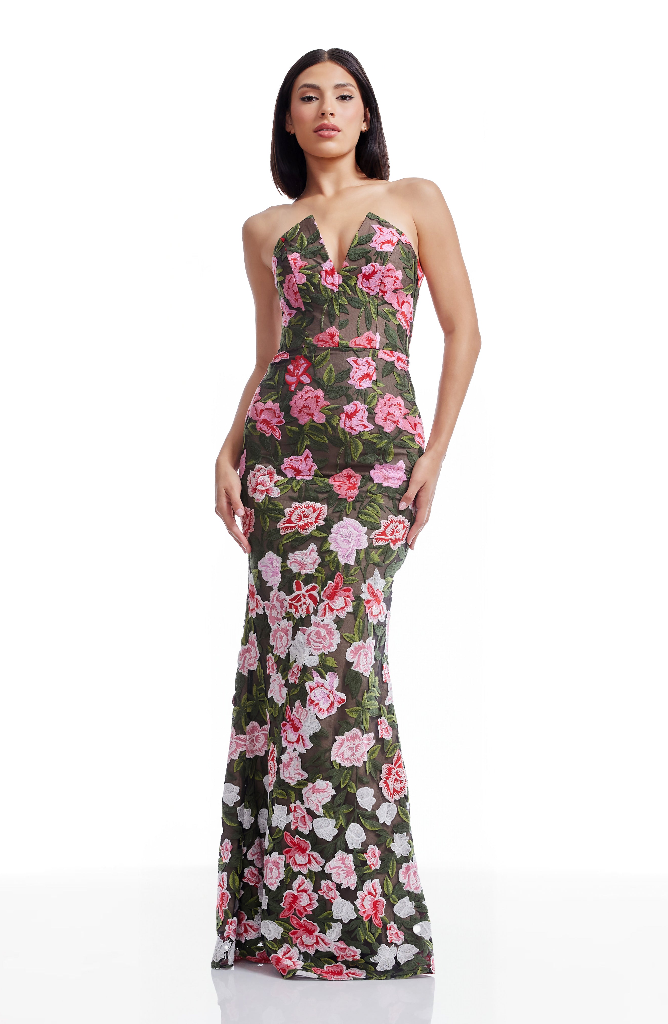 Dress the Population Fernanda Embroidered Floral Strapless Gown in Pink Rose Multi at Nordstrom, Size Large Dress the Population Fernanda Embroidered Floral Strapless Gown in Pink Rose Multi at Nordstrom, Size Large