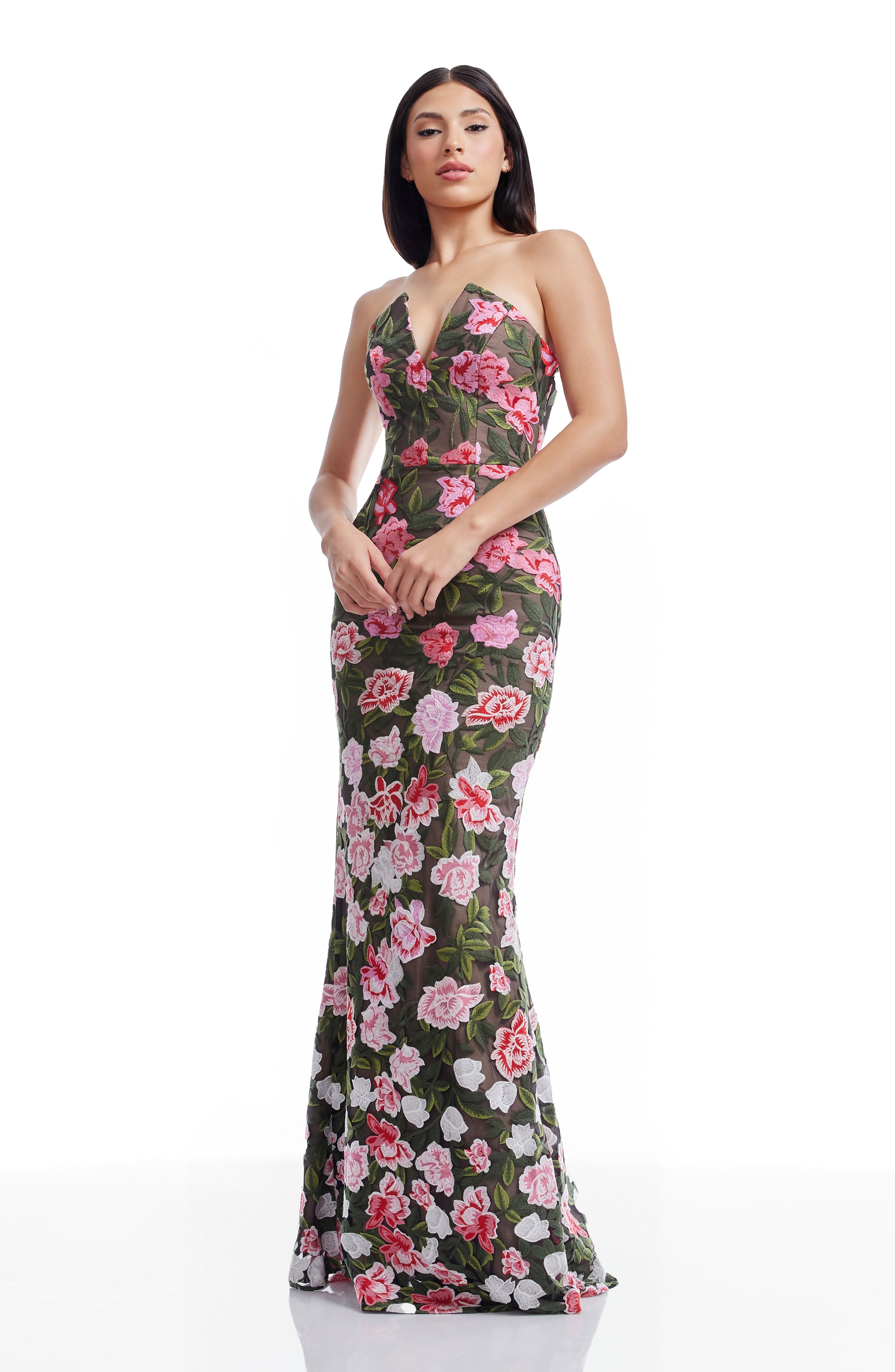 fernanda midi dress Dress the Population Fernanda Embroidered Floral Strapless Gown in Pink Rose Multi at Nordstrom, Size Large