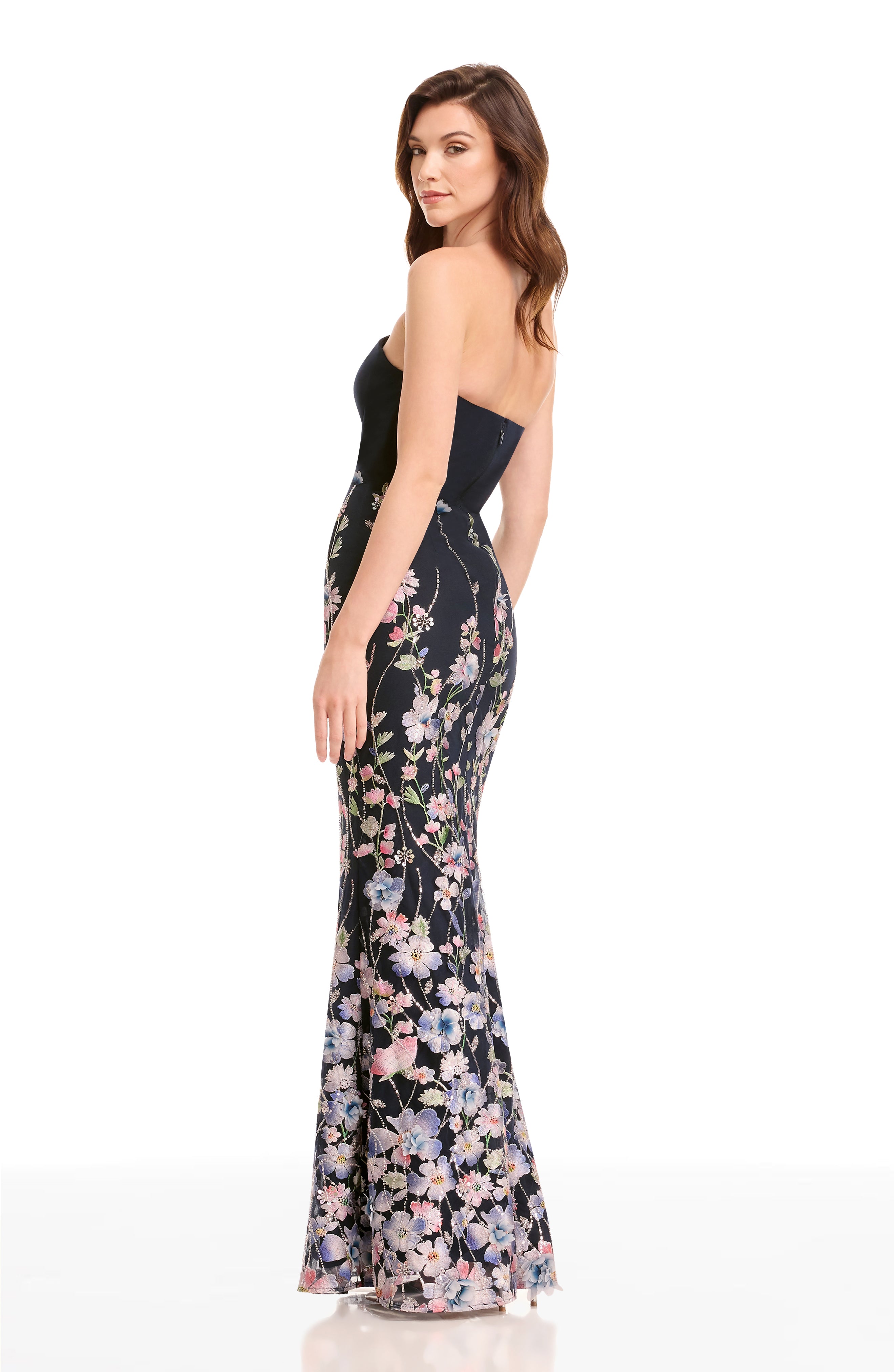 Dress The Population Women's Fernanda Embroidered Strapless Gown - NAVY MULTI - Size XXL Dress The Population Women's Fernanda Embroidered Strapless Gown - NAVY MULTI - Size XXL