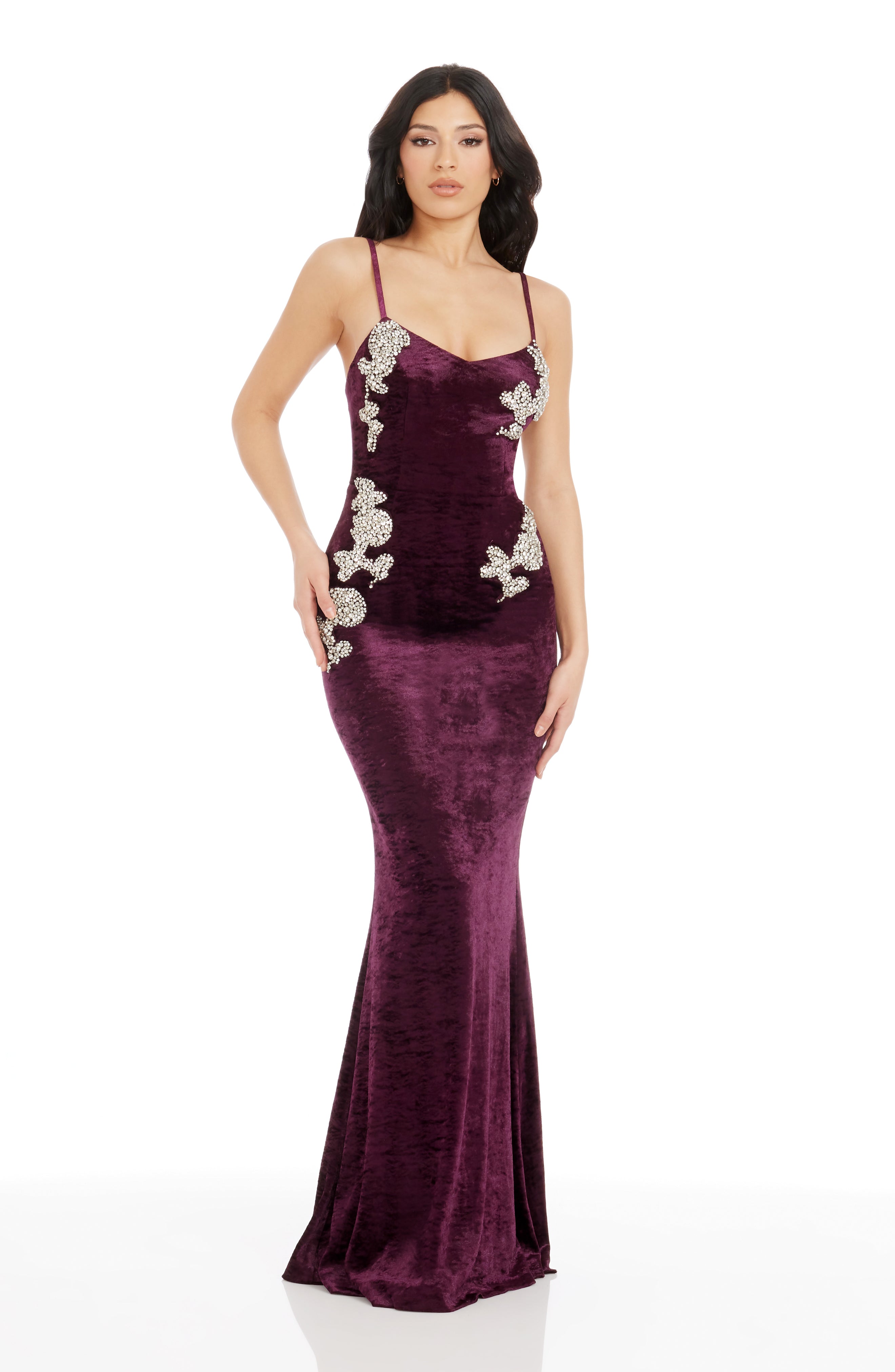 strapless open back dress Dress The Population Giovanna Crushed Velvet Sequin Applique V-Neck Sleeveless Mermaid Gown, Womens, XL, Midnight Plum