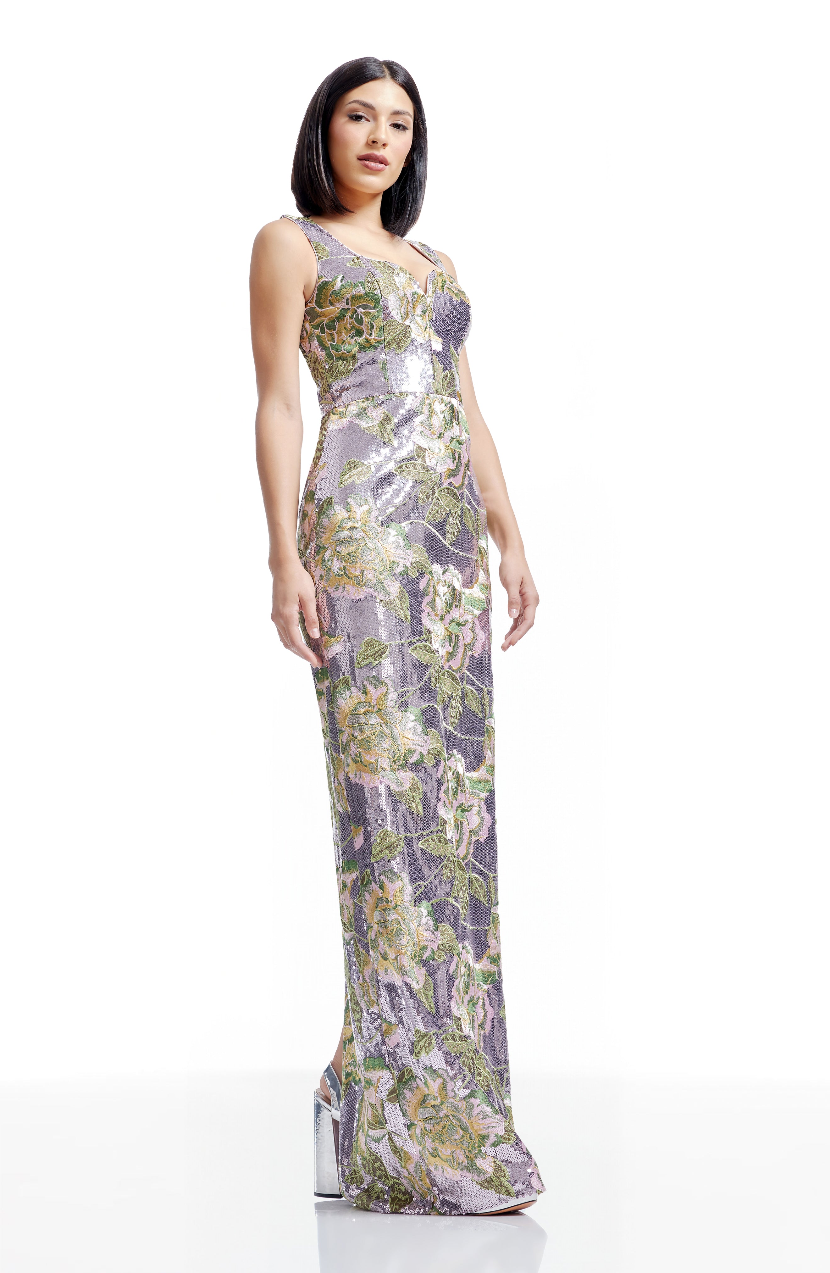 Dress The Population Women's Goldie Floral Embroidered Sequin Sheath Gown - Lilac Multi - Size Large Dress The Population Women's Goldie Floral Embroidered Sequin Sheath Gown - Lilac Multi - Size Large