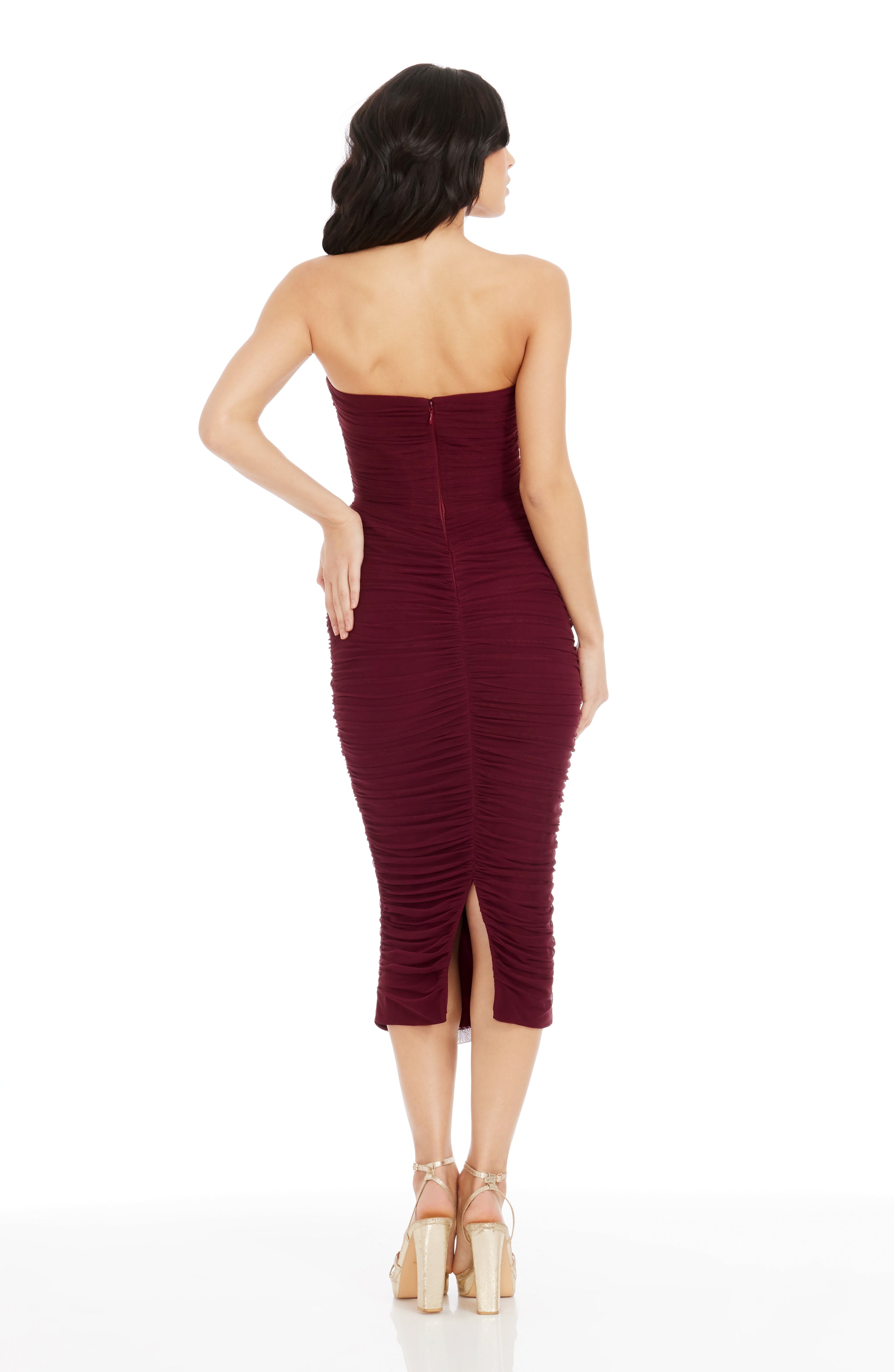 knee length dresses for ladies Secret | Burgundy Bandeau Lace Midi Dress with Scarf Detail
