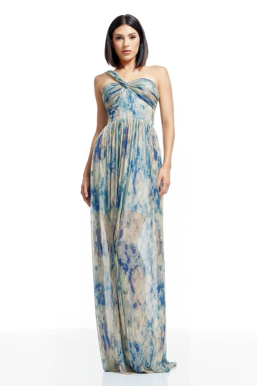dress the population idalia one shoulder floral maxi dress Printed Metallic - Bright Fuchsia Sweetheart neckline One shoulder strap Concealed back zip closure 60% polyester/40% nylon Lining Idalia Maxi Dress | Nuuly