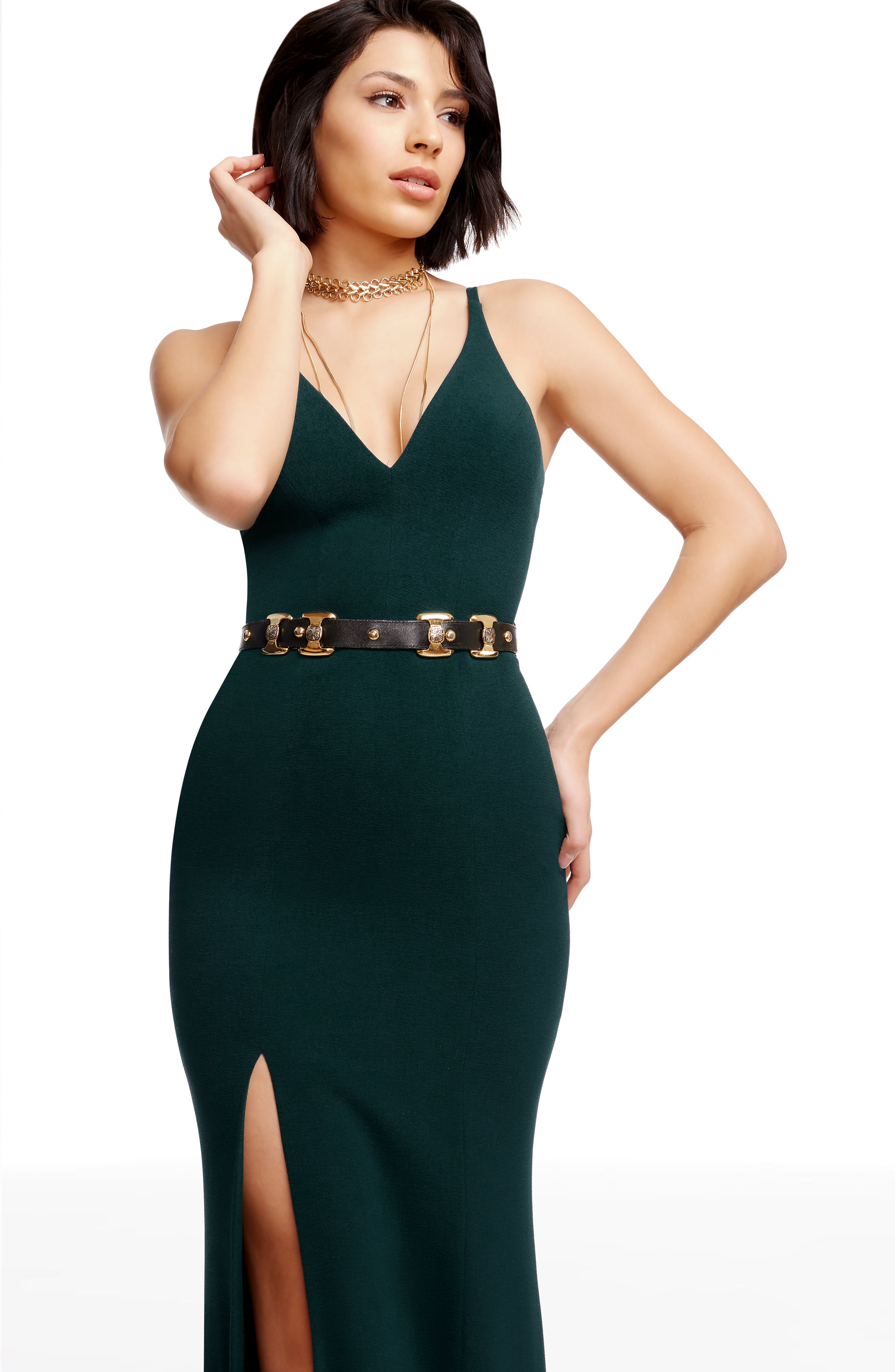 dress the population iris sleeveless crepe slit gown Dress the Population Iris Slit Crepe Gown New Pine