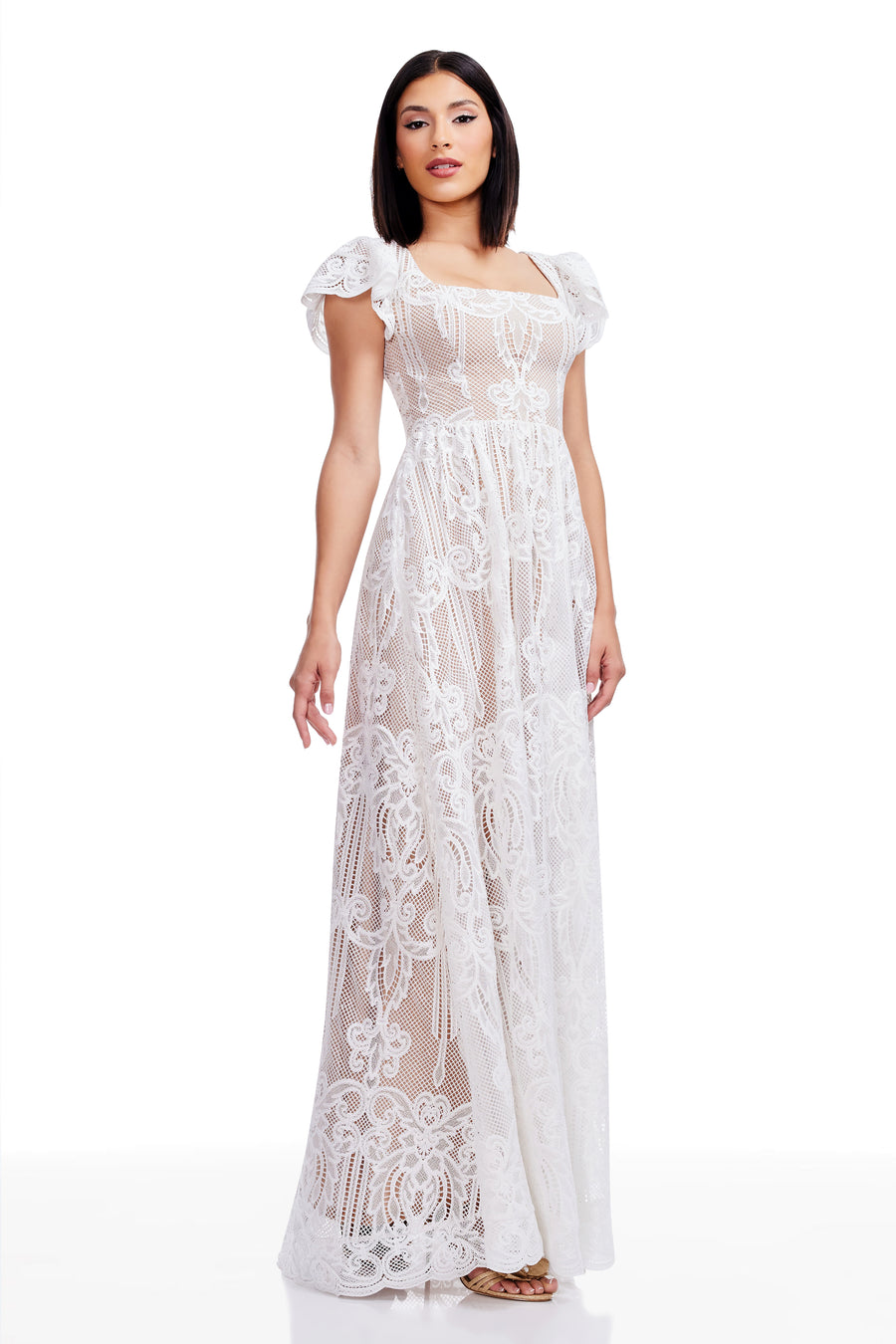 dress the population janis flutter-sleeve lace maxi dress Dress The Population Janis Flutter-Sleeve Lace Maxi Dress