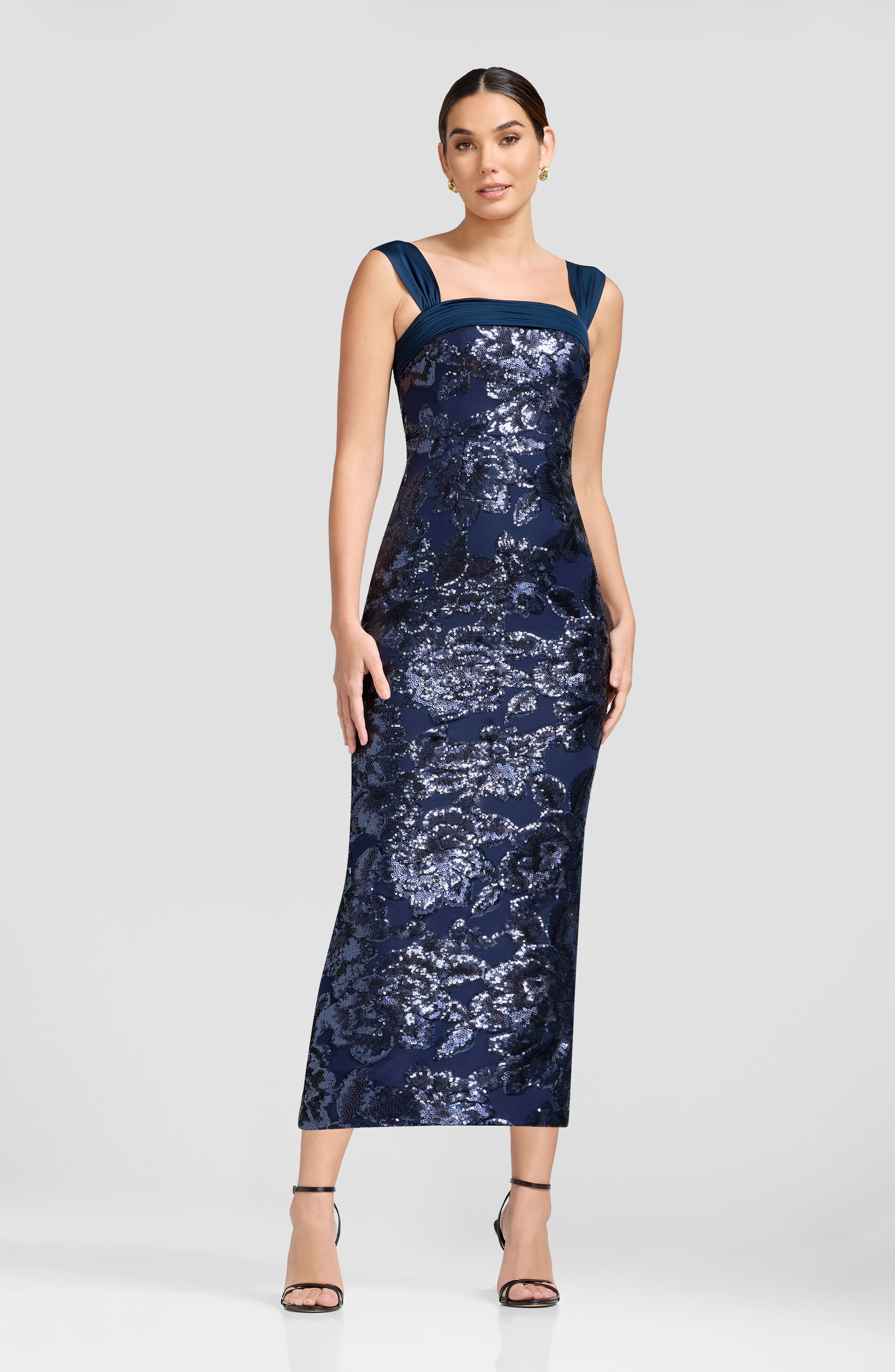 Dress the Population Women's Sequin Square Neck Bodycon Tea Length Dress - Navy MULTI