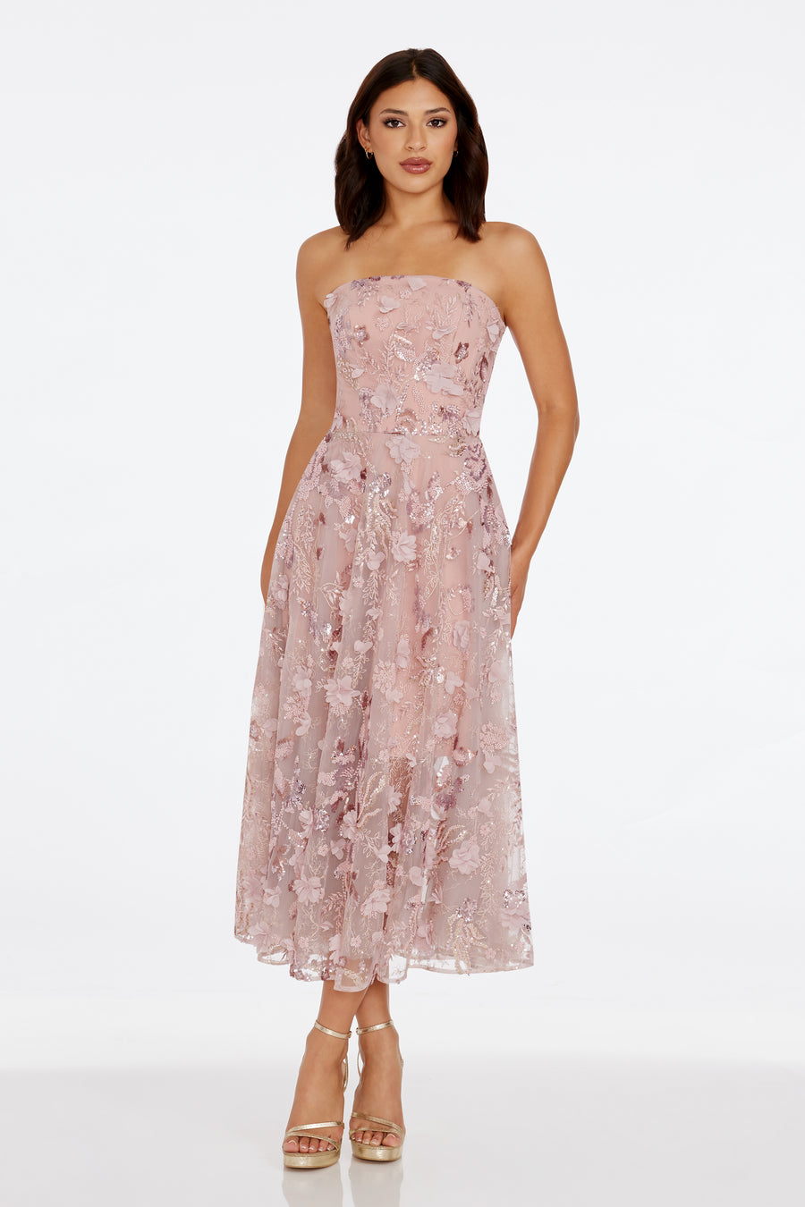 dress the population kailyn Dress the Population Kailyn Strapless Sequin A-Line Midi Dress, Womens, L, Cream