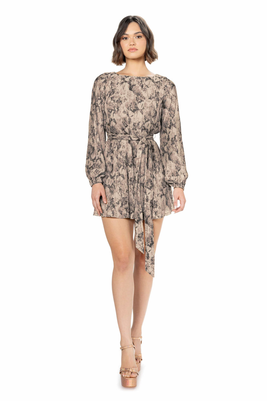 dress the population kirsi long-sleeve tie-waist mini dress Dress The Population Kirsi Long-Sleeve Tie-Waist Mini Dress