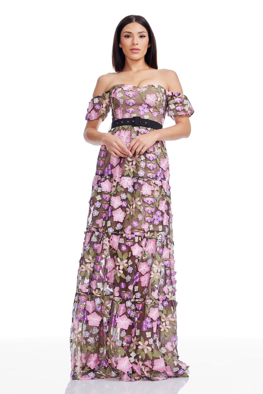 Dress The Population Women's Lara Floral Embroidered Off The Shoulder Gown - Purple - Gowns Dress The Population Women's Lara Floral Embroidered Off The Shoulder Gown - Purple - Gowns