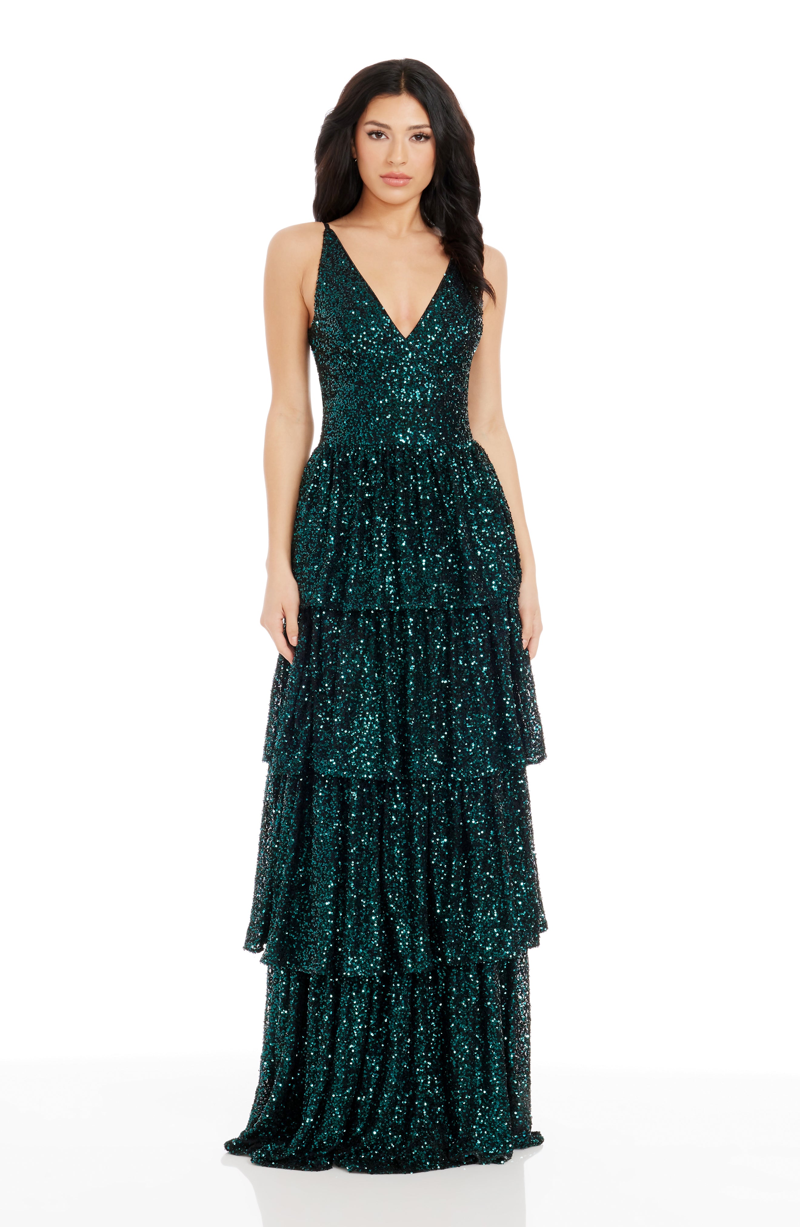 strapless open back dress Dress The Population Women's Lorain Sequin Tiered Ruffle Gown - Green
