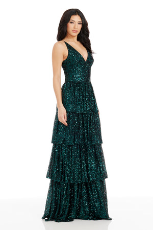 Dress The Population Women's Lorain Sequin Tiered Ruffle Gown - Green - Gowns Dress The Population Women's Lorain Sequin Tiered Ruffle Gown - Green - Gowns