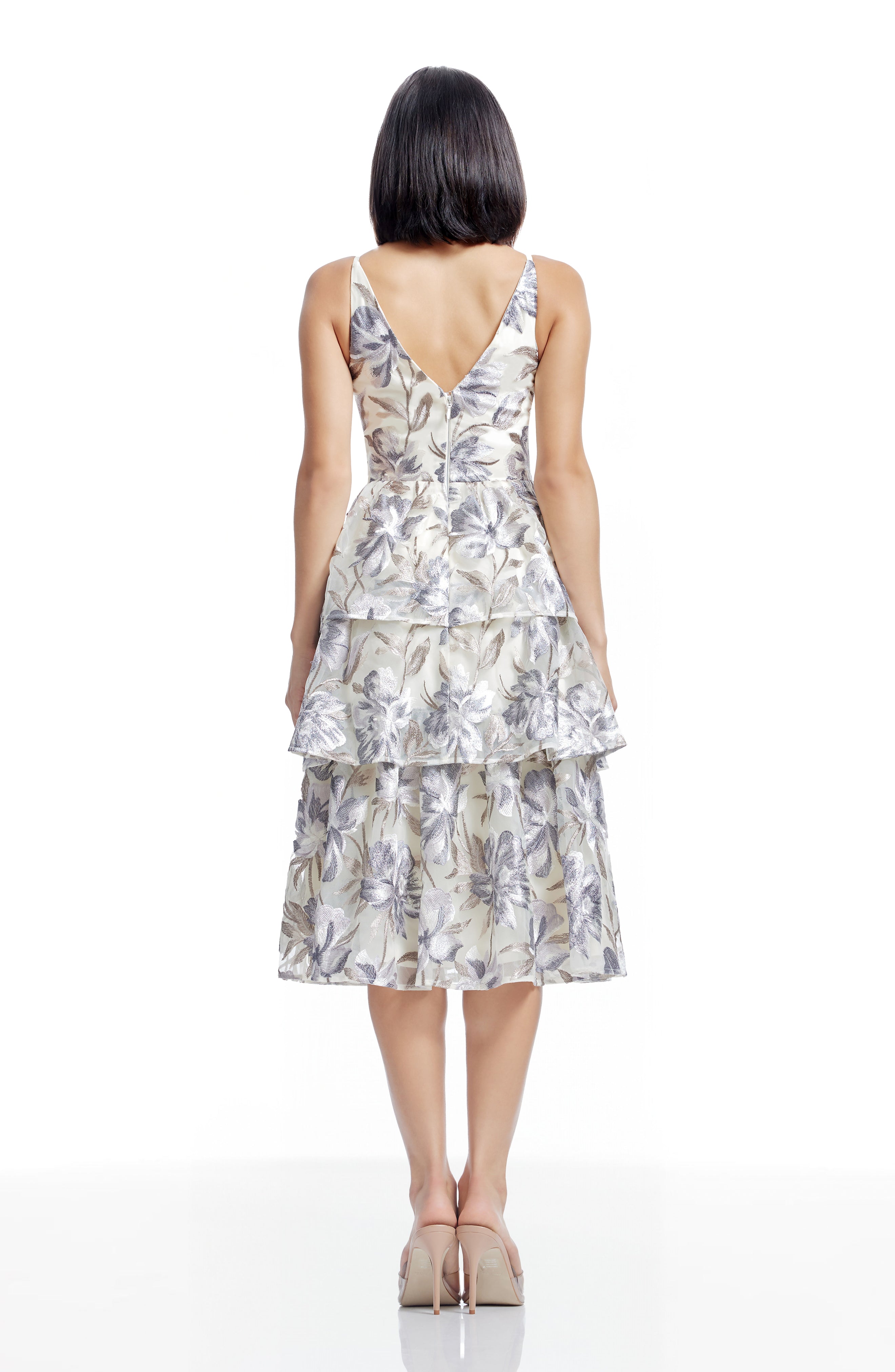 Dress the Population Lorelai Floral Embroidery Tiered Cocktail Midi Dress in Ivory Multi at Nordstrom, Size X-Small