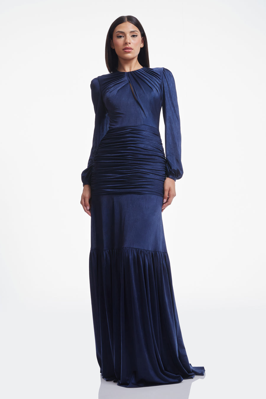 Dress the Population Lucille Pleated Ruched Long Sleeve Gown in Burnt Orange at Nordstrom, Size Medium Dress the Population Lucille Pleated Ruched Long Sleeve Gown in Burnt Orange at Nordstrom, Size Medium