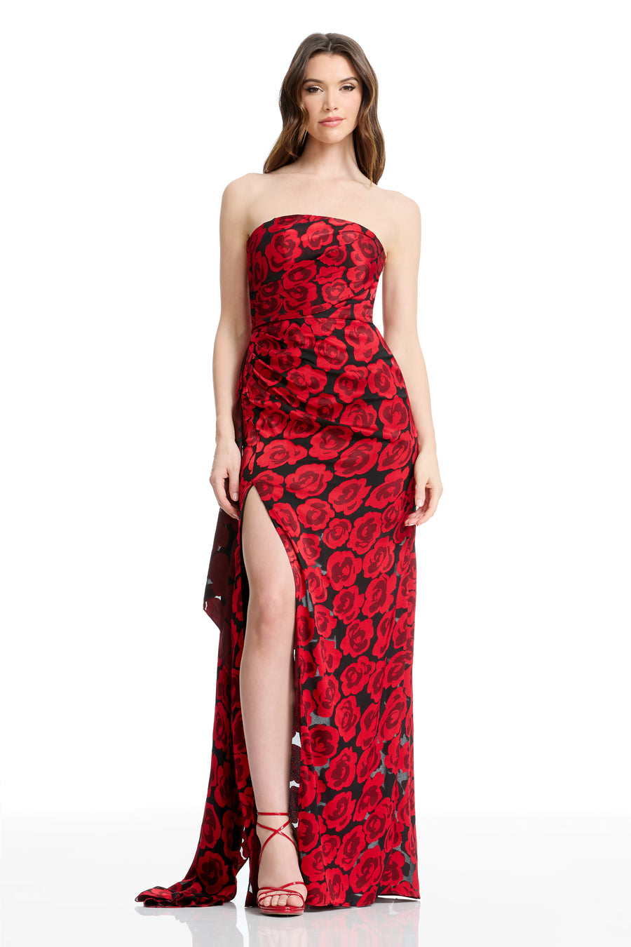 Dress the Population Women's Lulu Floral Strapless Gown - Red Dress the Population Women's Lulu Floral Strapless Gown - Red