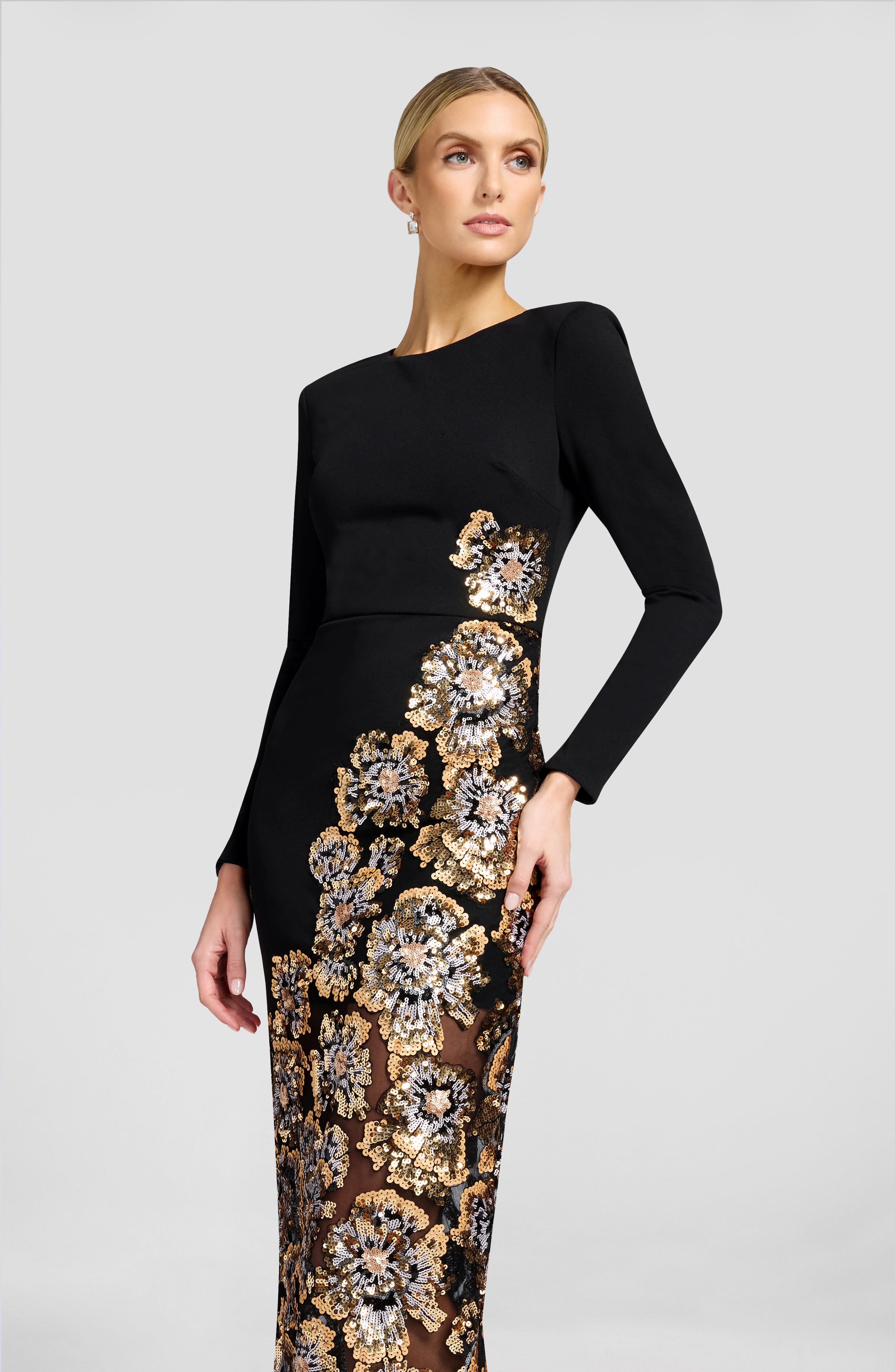 dress the population bodycon dress Women's Mara Long Sleeve - Gold Multi creating a flattering silhouette Ready-to-Ship Buster Brown Dresses for Chiffon Colors:White 800