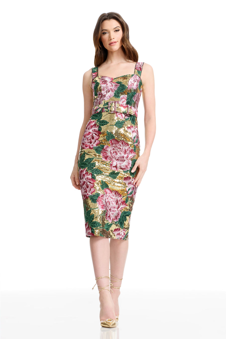Dress the Population Women's Bodycon Midi Dress - Gold Multi