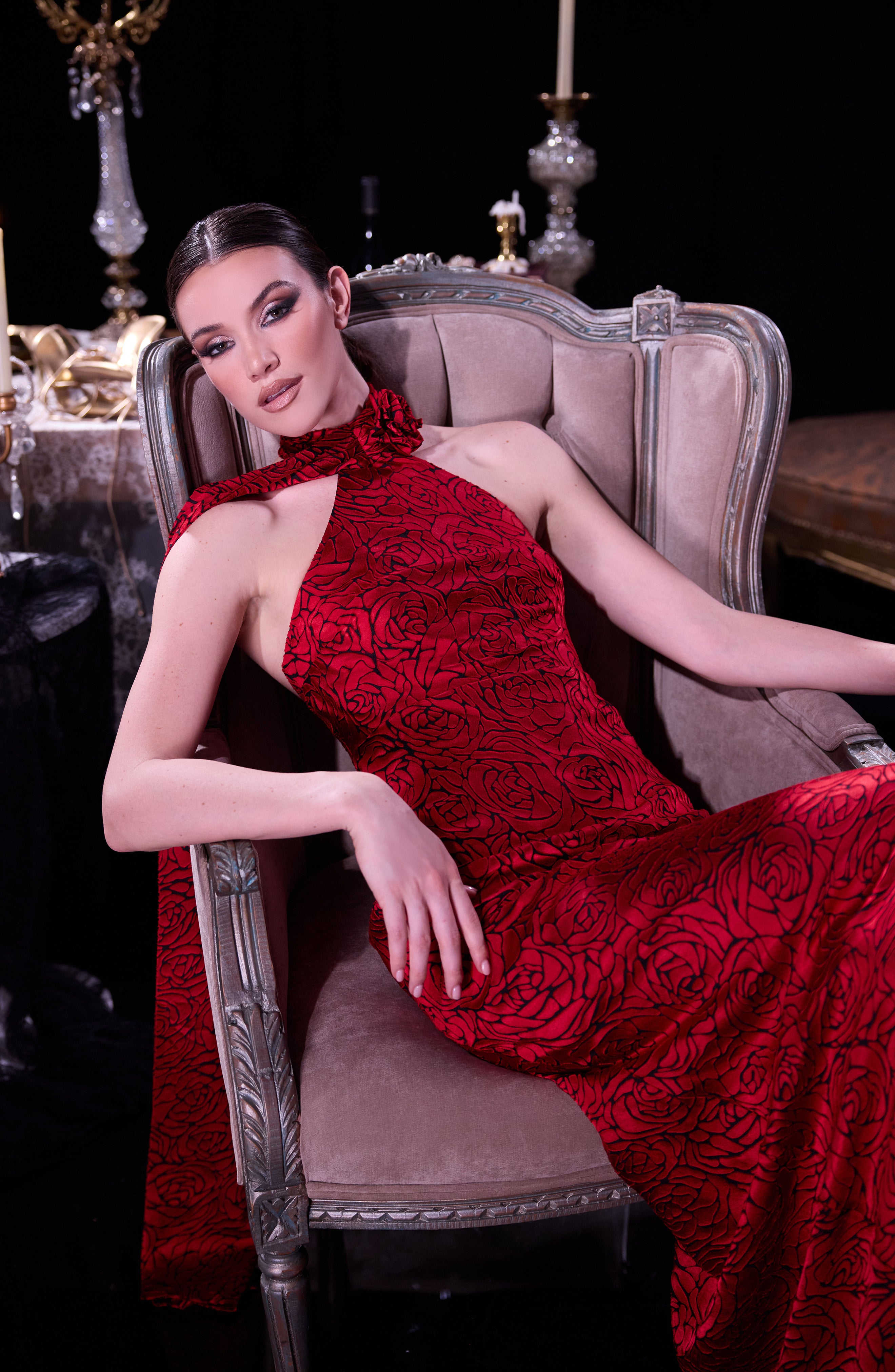 Dress the Population Olivia Mock Neck Sheath Gown - Rouge Multi