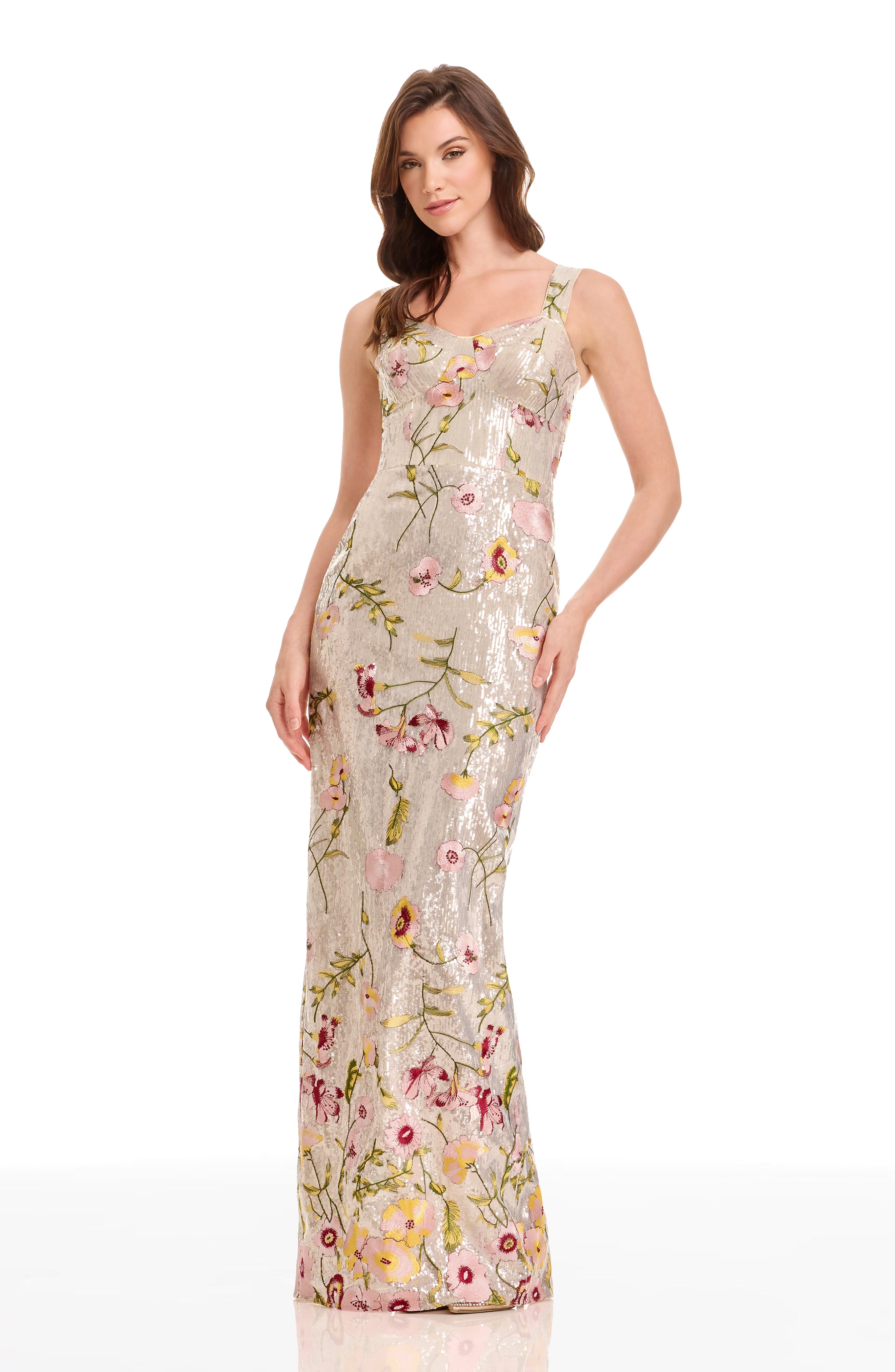 Dress The Population Women's Reese Embroidered Floral Gown - Champagne Multi - Size Xs