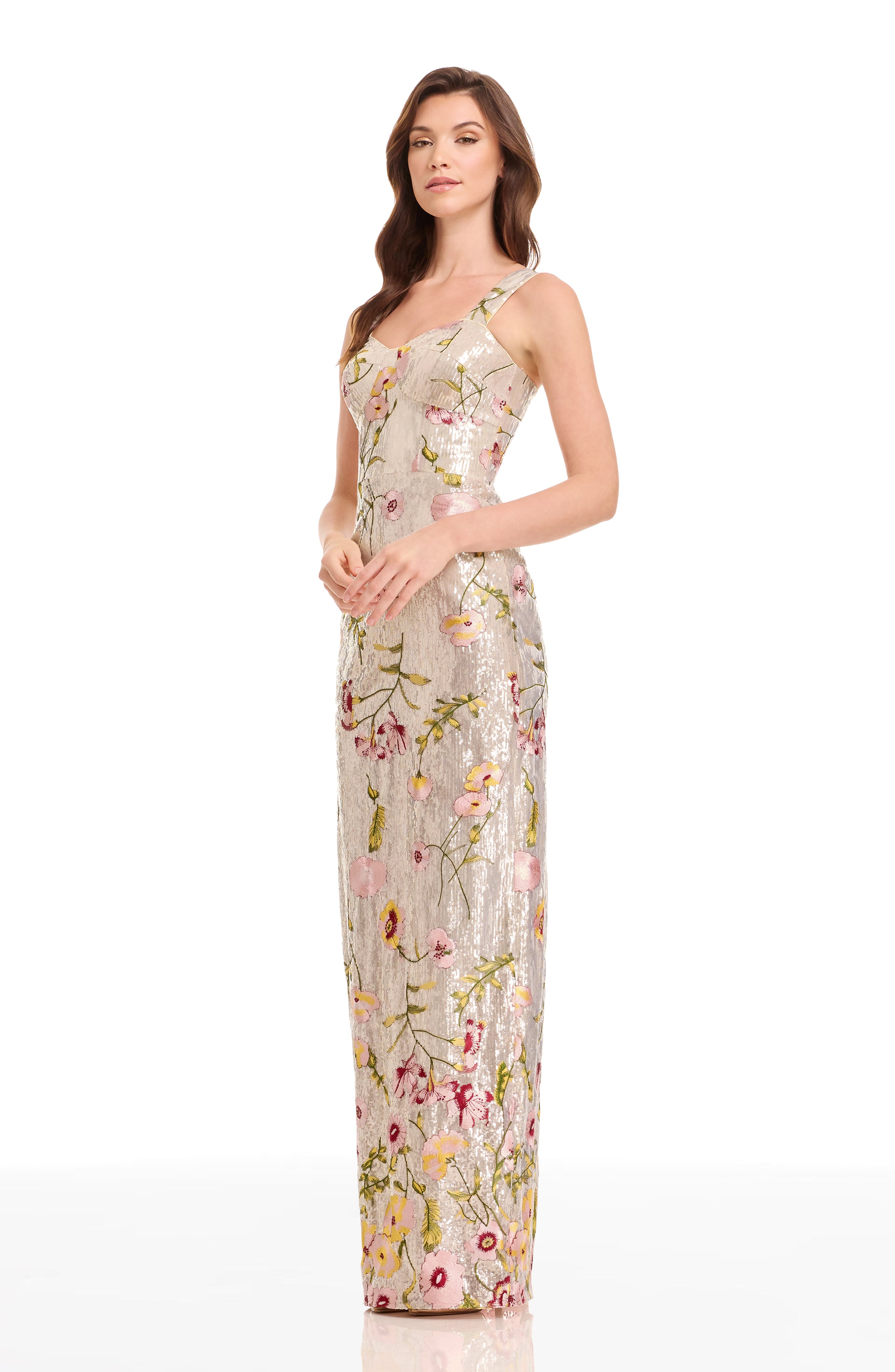 liv foster reese beaded floral embroidered maxi dress The Population Women's Gown - Champagne Multi Gowns A glittering garden