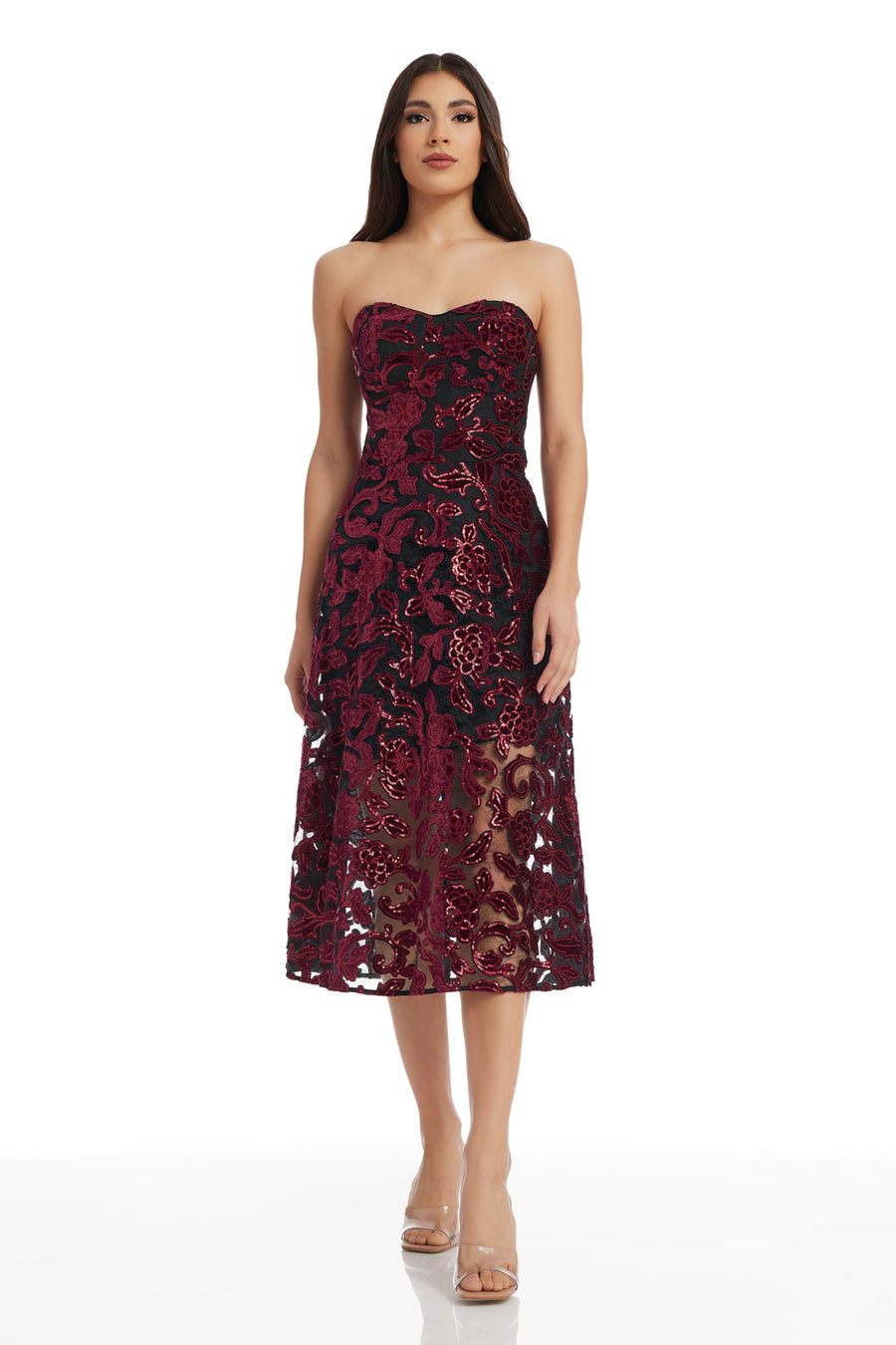 dress the population red dress Olivia Mock Neck Sheath Gown - Rouge Multi A sweetheart neck and soaring slit style a stunning evening gown with a fitted waist and floor Dress The Population Paris Gown