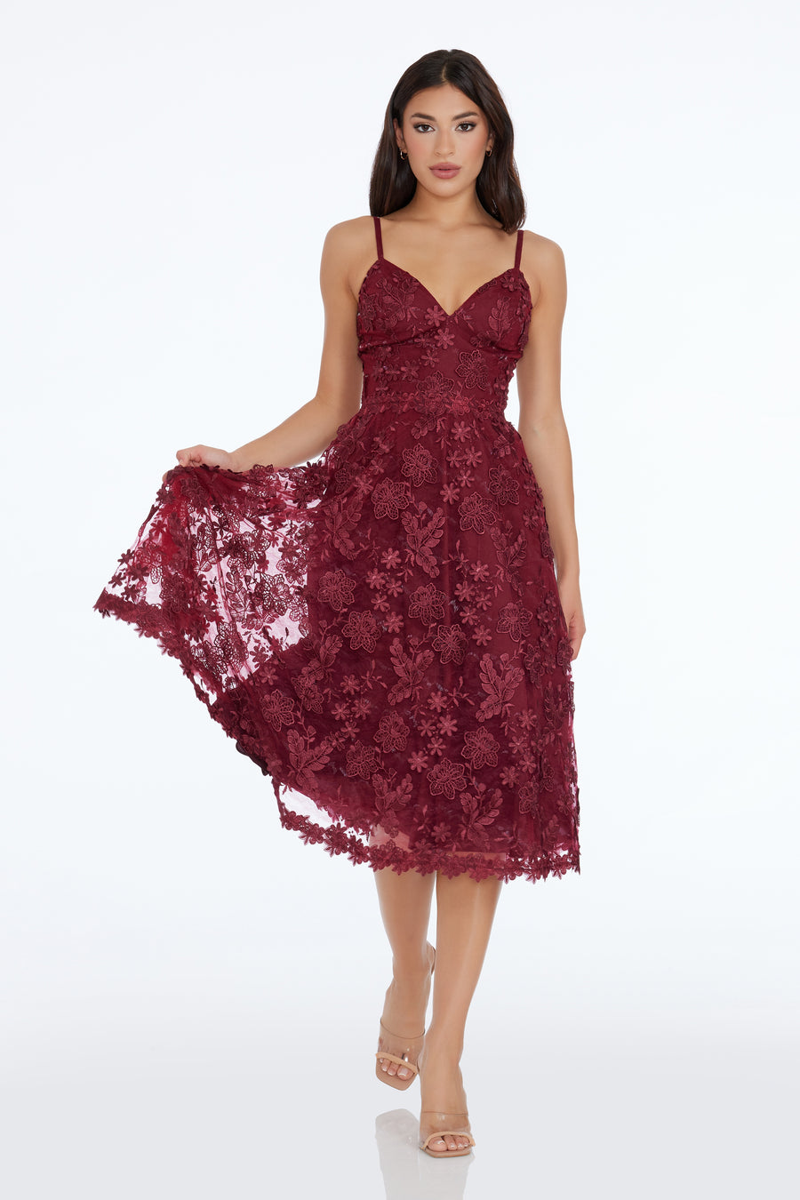 Dress The Population Women's Tahani Floral Fit & Flare Midi Dress - Cocktail Party Dress