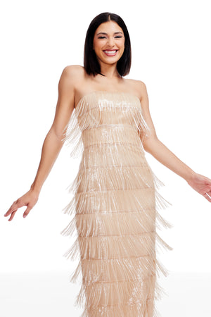 Dress The Population Women's Tanya Sequin Fringed Strapless Gown - Champagne
