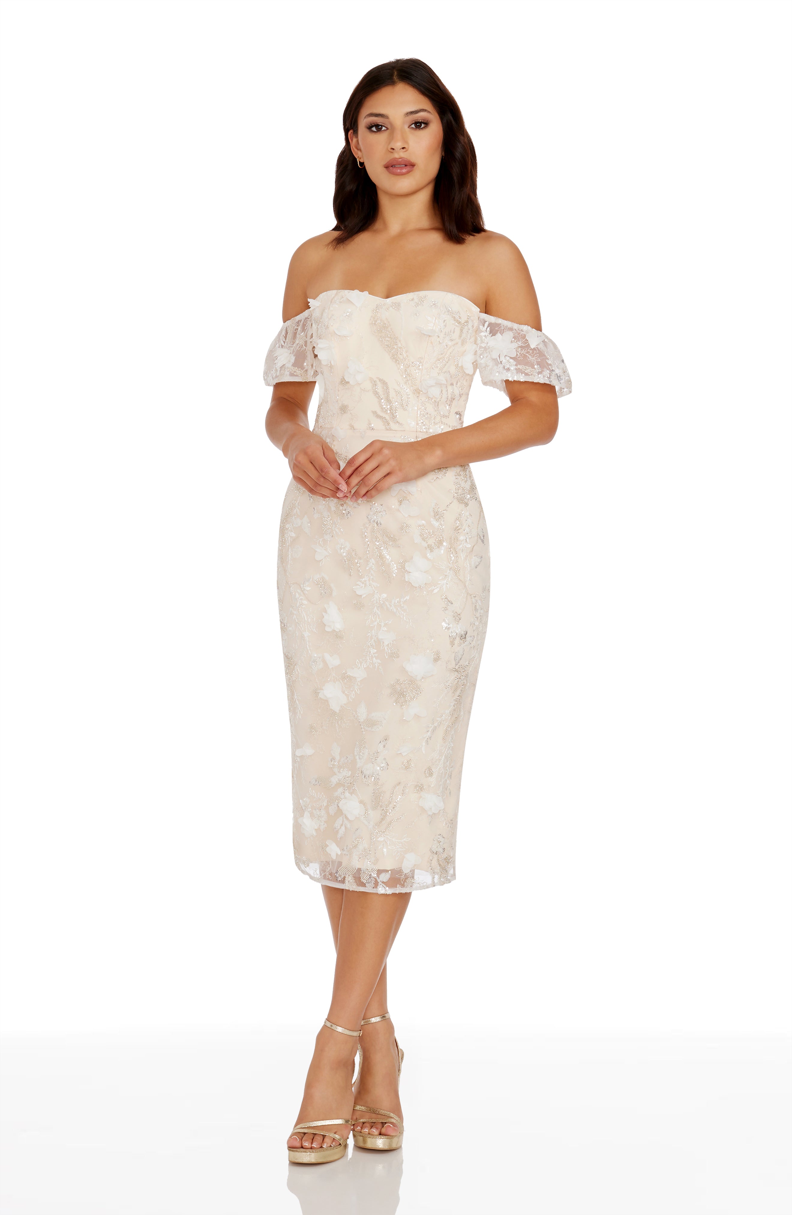 dress the population tara Dress the Population Black Label Tara Off-Shoulder Sequin Applique Midi Dress