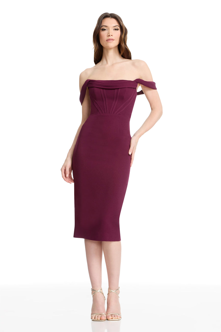 vickie off the shoulder midi corset dress Dress The Population Vickie Off-The-Shoulder Corset Midi Dress