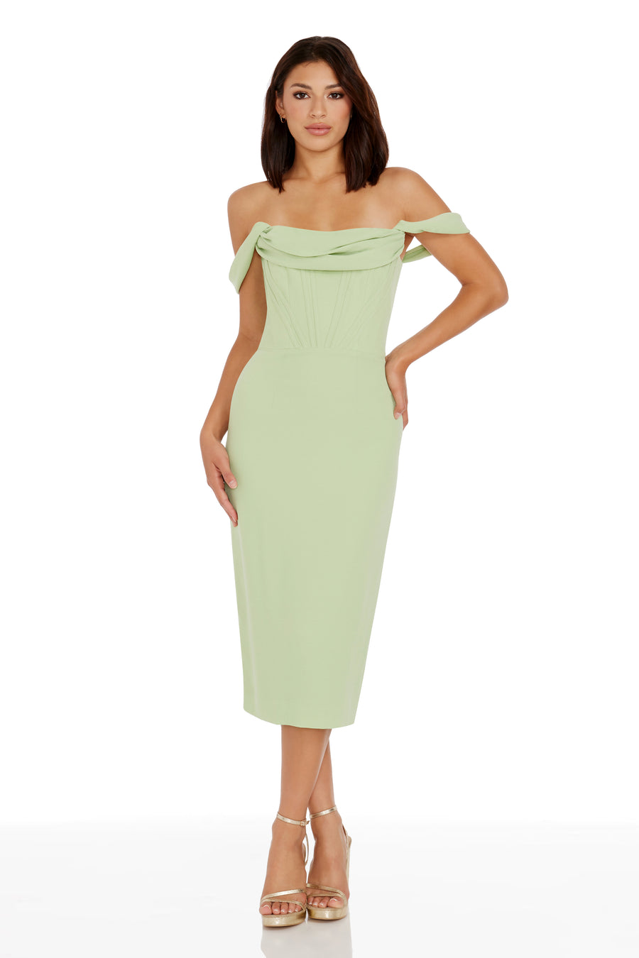 dress the population vickie off-the-shoulder corset midi dress Dress The Population Vickie Off-The-Shoulder Corset Crepe Midi Dress