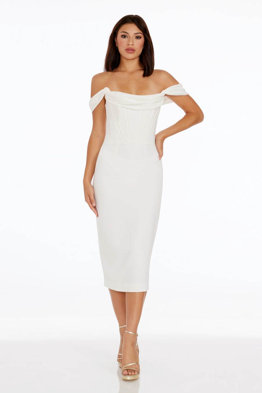 dress the population vickie off the shoulder corset midi dress Dress The Population Vickie Off-The-Shoulder Corset Midi Dress