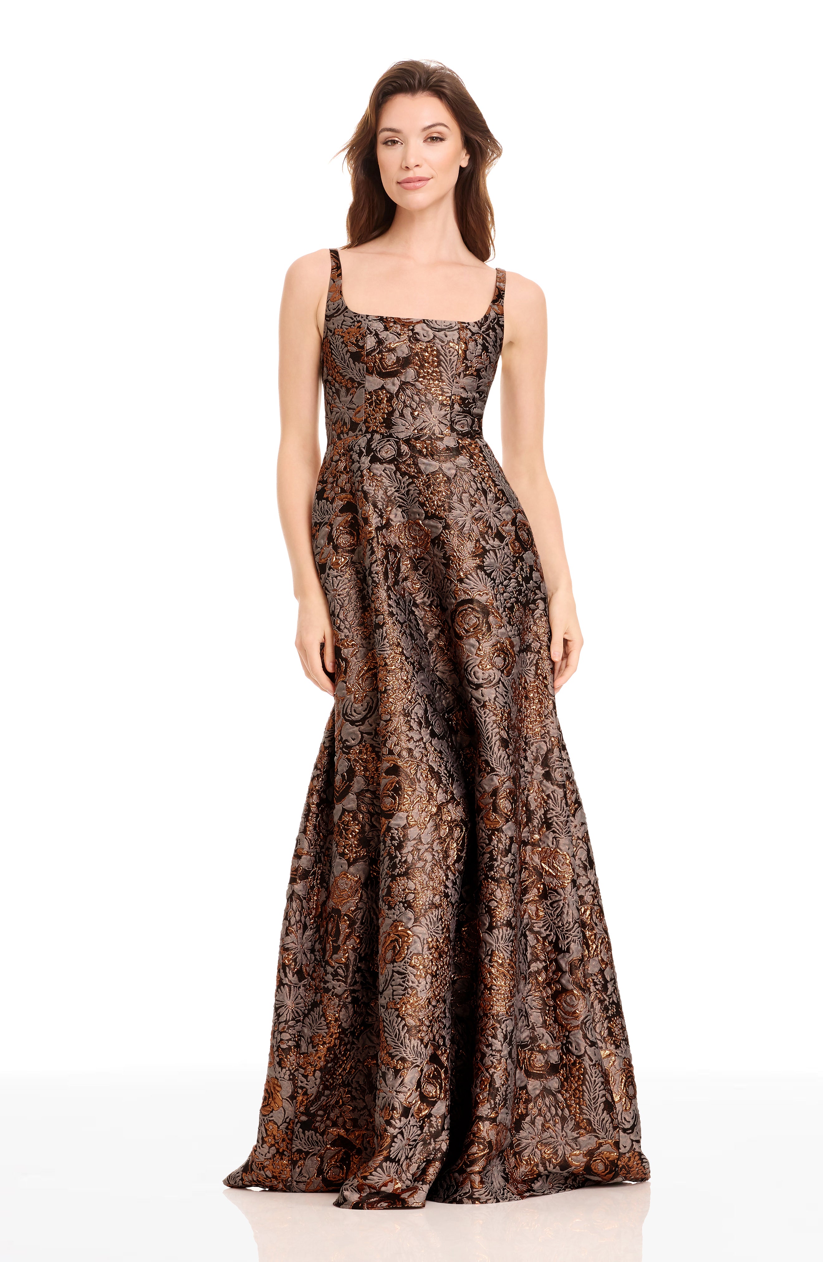 Dress The Population Vienna Metallic Pattern Square Neck A-Line Gown, Womens, S, Bronze Multi