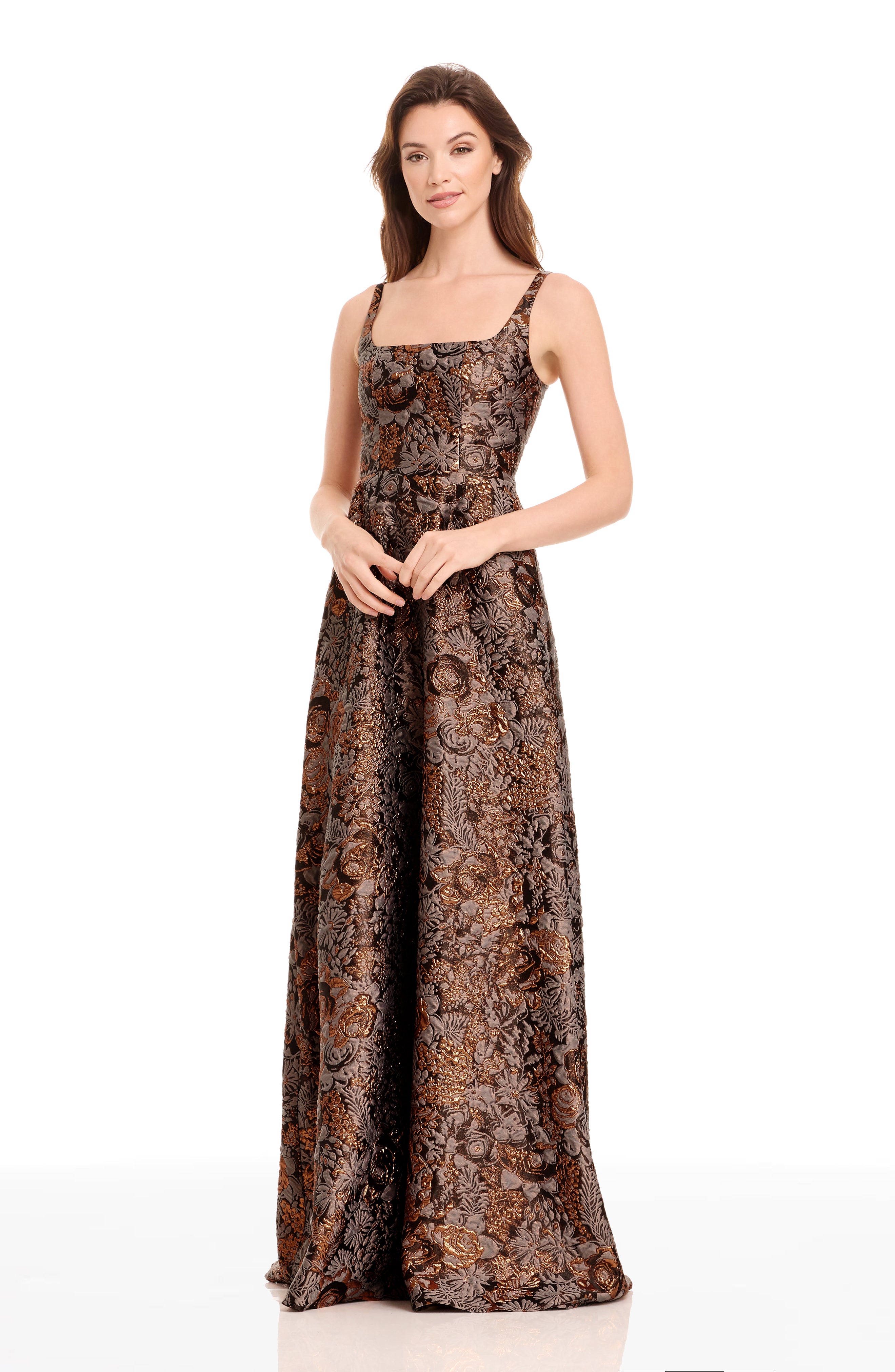 Dress the Population Vienna Metallic Pattern Square Neck A-Line Gown, Womens, S, Bronze Multi