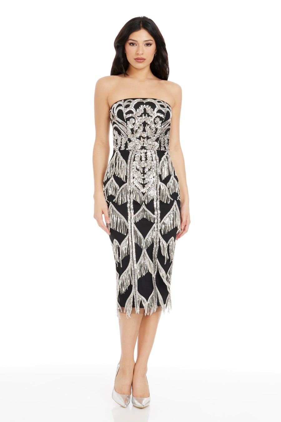 dress the population tanya strapless beaded maxi dress Dress The Population Tanya Sequin Fringed Strapless Gown