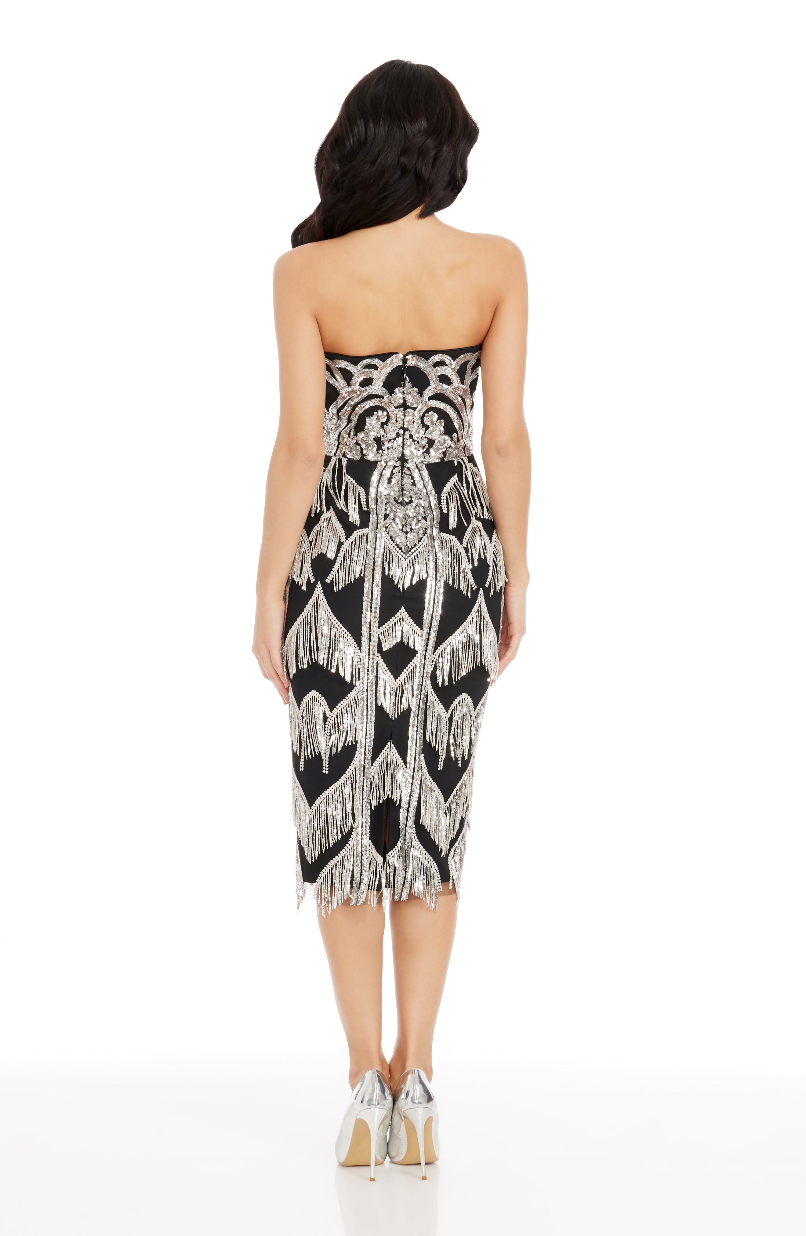 Dress The Population Viviana Fringe Trim Dress - Silver-Bla