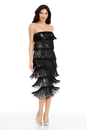 women's viviana sequined fringe dress Dress the Population Viviana Fringe Trim Dress - Silver-bla