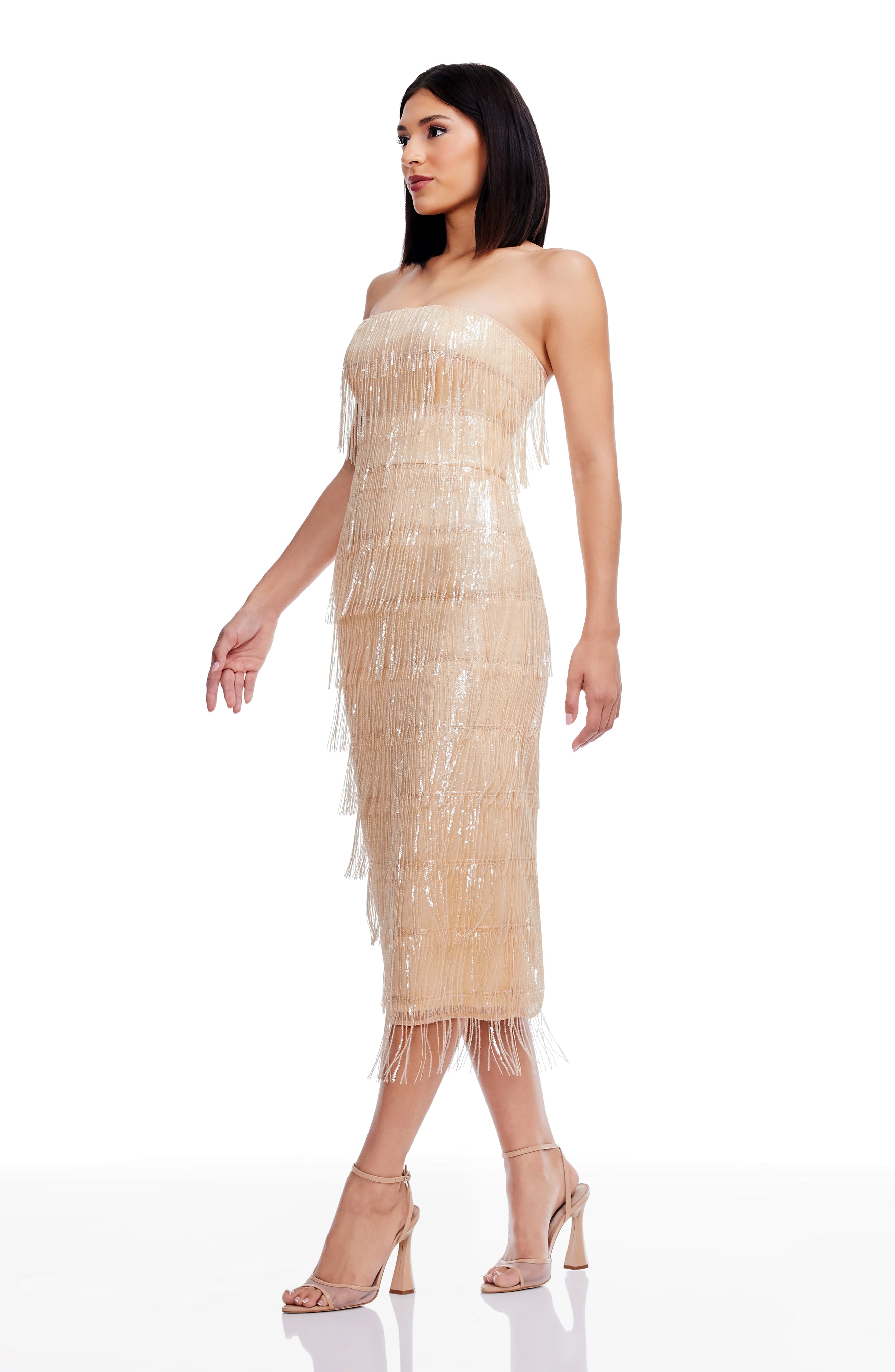 dress the population viviana strapless sequin dress Dress the Population Viviana Fringe Trim Dress - Silver-bla