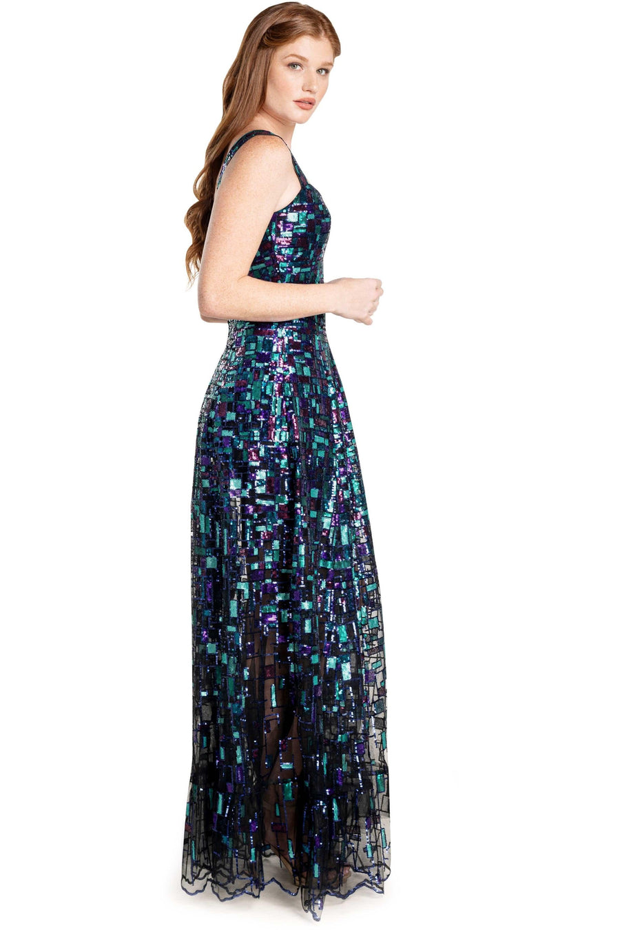Anabel Geometric Sequin Fit And Flare Gown - Dress the Population