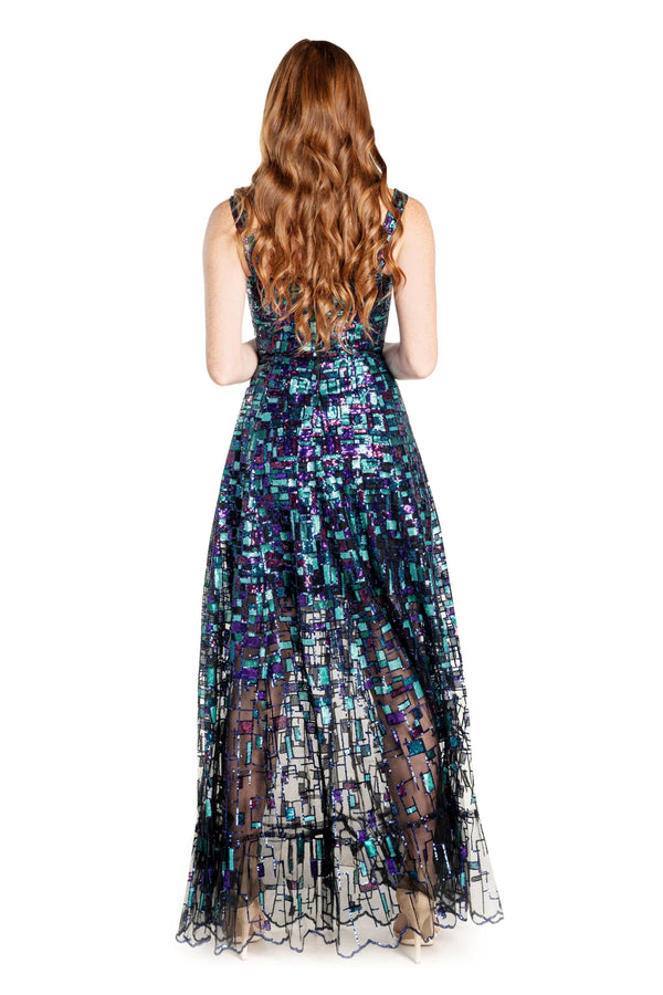 Anabel Geometric Sequin Fit And Flare Gown - Dress the Population