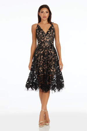 Blair Chic Black Floral Lace Midi Dress - Dress the Population