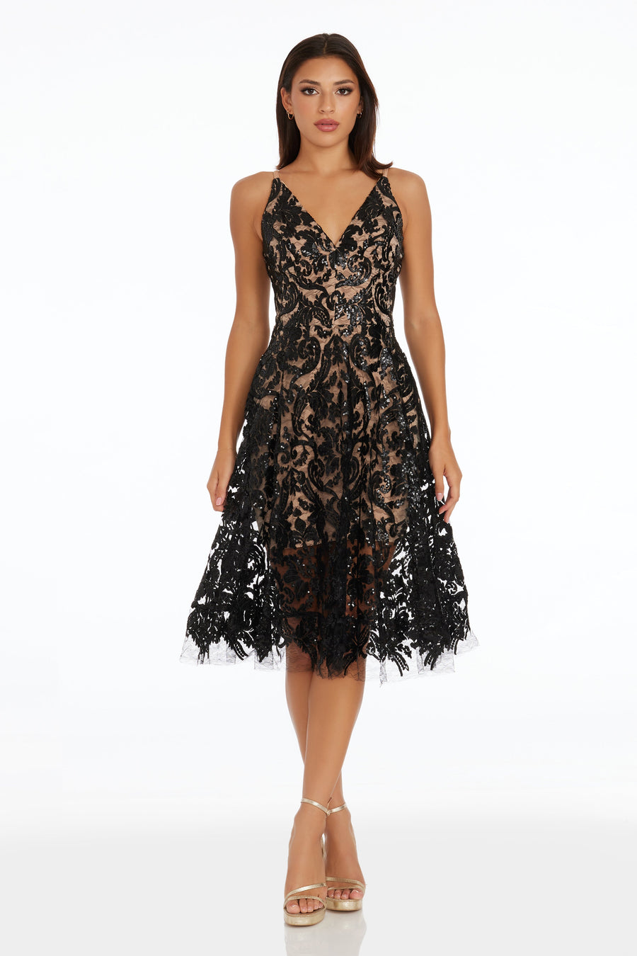 Dress The Population Blair Lace Midi Dress - NAVY/NUDE - Size L Dress The Population Blair Lace Midi Dress - NAVY/NUDE - Size L