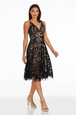 Blair Chic Black Floral Lace Midi Dress - Dress the Population