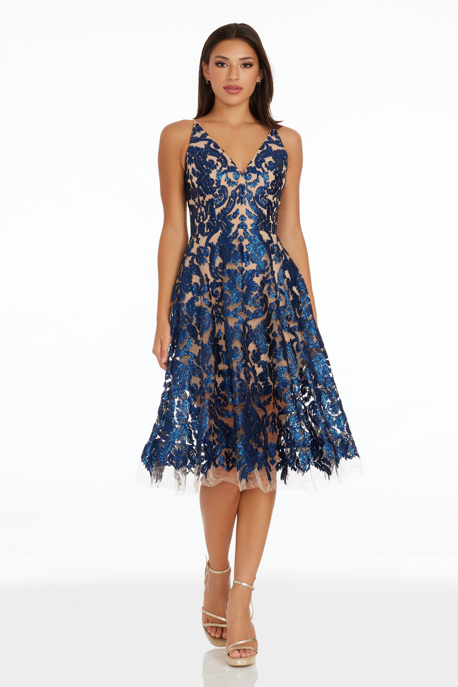 Dress The Population Blair Lace Midi Dress - NAVY/NUDE - Size L Dress The Population Blair Lace Midi Dress - NAVY/NUDE - Size L