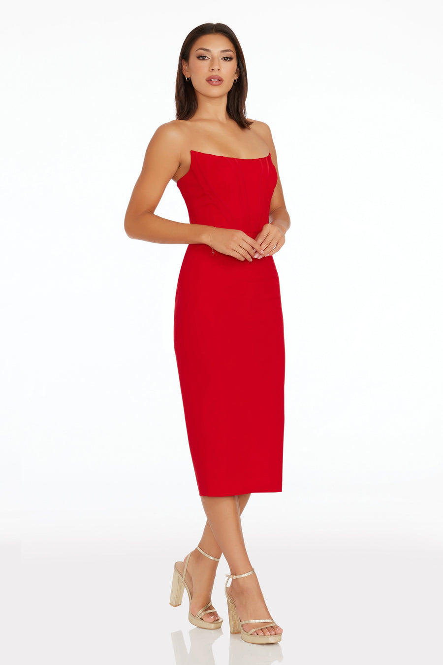 Dress the Population Women's Corset Strapless Midi Dress - Rouge - XL Dress the Population Women's Corset Strapless Midi Dress - Rouge - XL