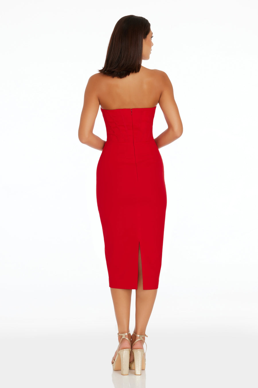 red strapless midi dress Dress the Population Women's Corset Strapless Midi Dress - ROUGE