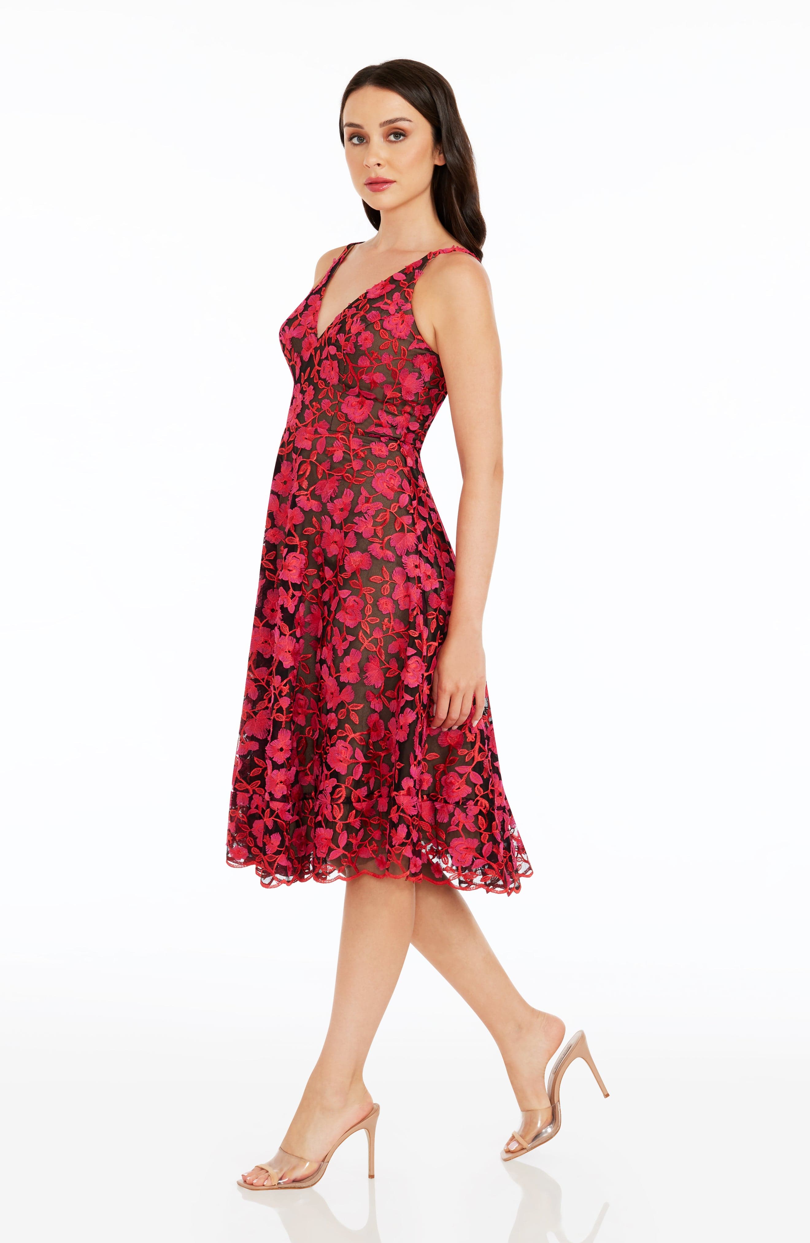 Dress the Population Elisa Embroidered Fit & Flare Midi Dress - White/Gold Dress the Population Elisa Embroidered Fit & Flare Midi Dress - White/Gold