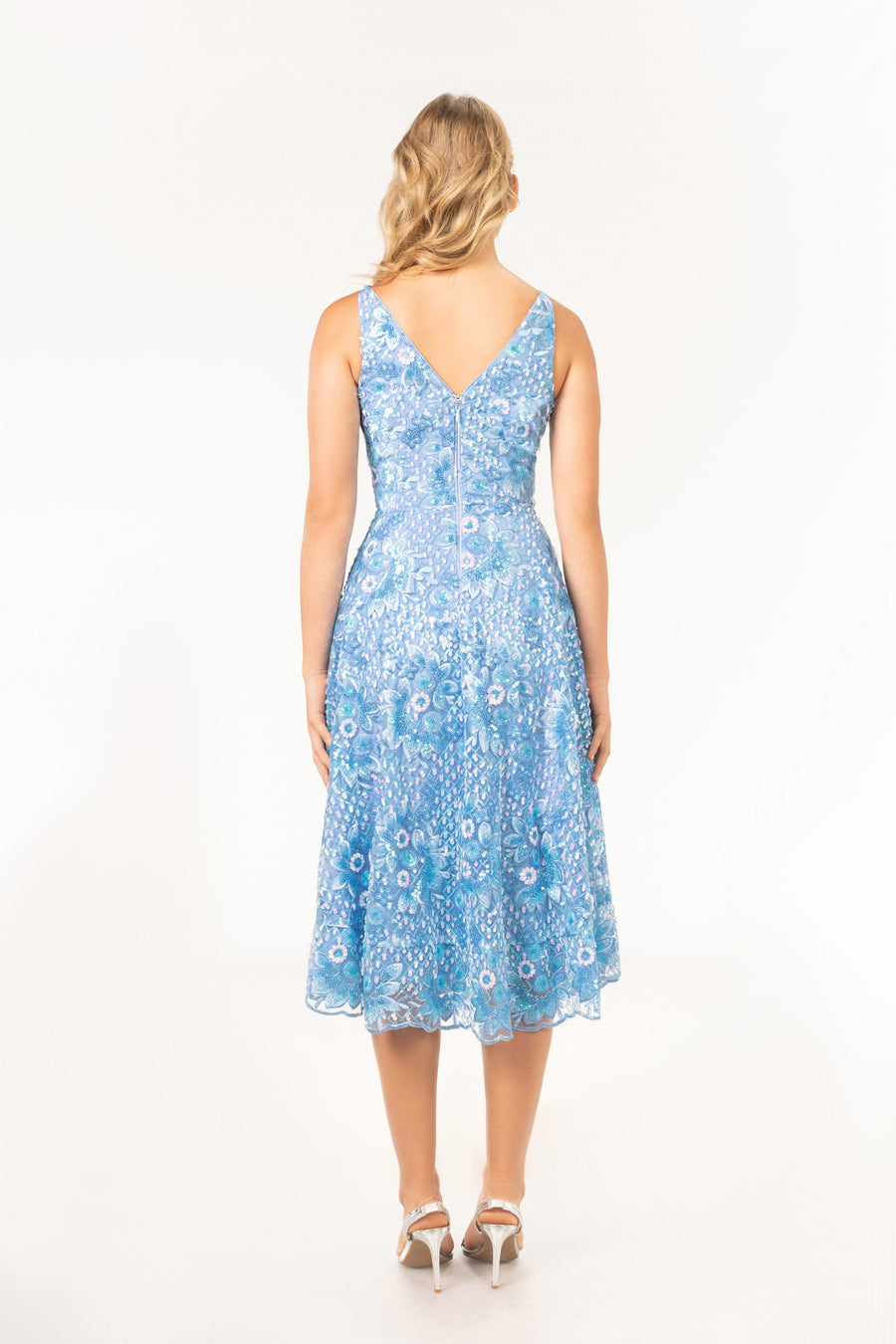 Dress the Population Elisa Sequin Embroidered Cocktail Midi Dress Blue Dress the Population Elisa Sequin Embroidered Cocktail Midi Dress Blue