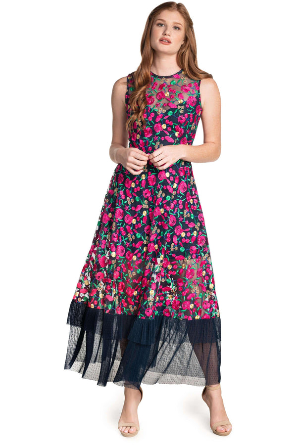 Gina Floral Embroidered Pleated Hem Gown - Dress the Population