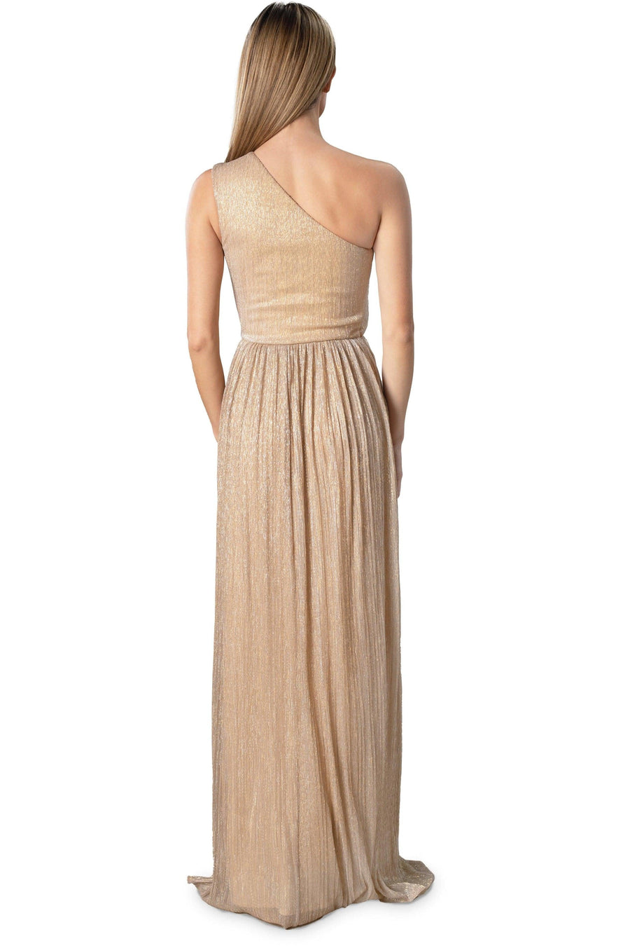 dress the population kienna gown Dress The Population Kienna Metallic Cutout Detail One-shoulder Gown In Beige Bronze